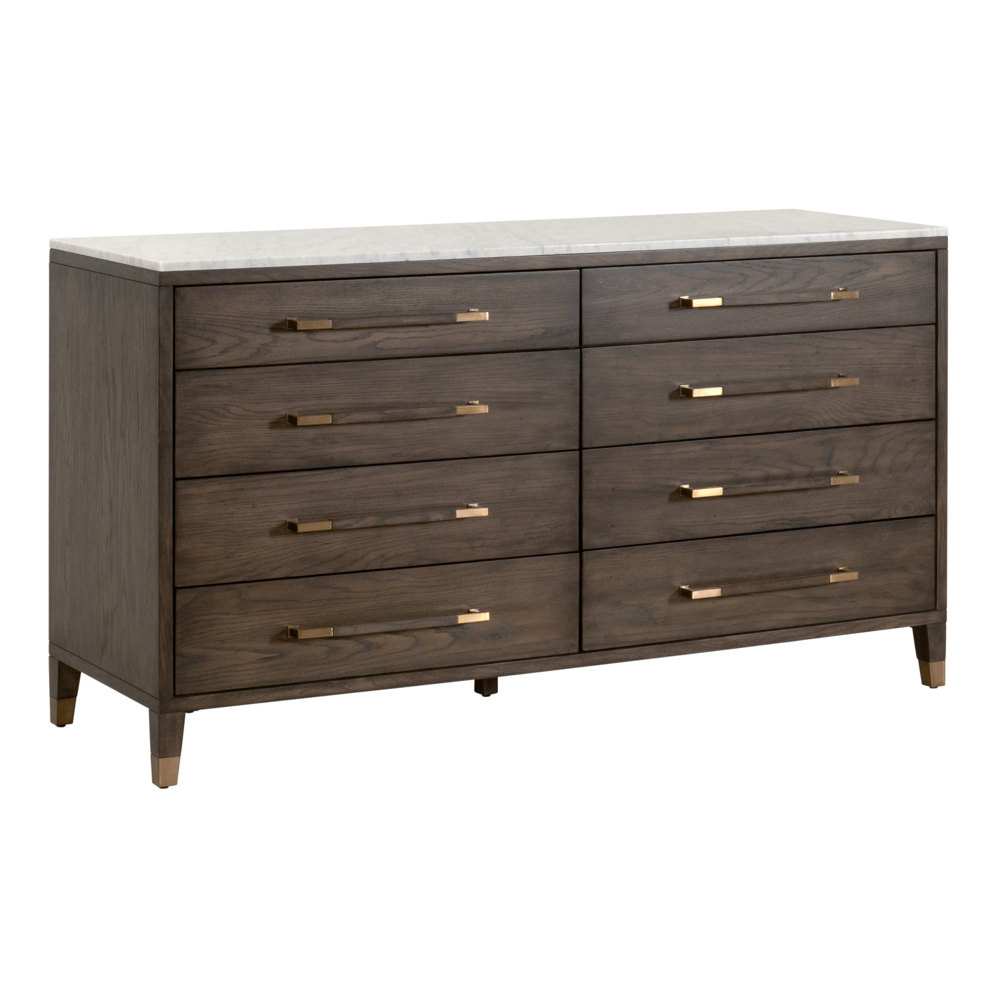 Cambria 8-Drawer Double Dresser with marble top and brass pulls in Dutch brown oak by Essentials for Living