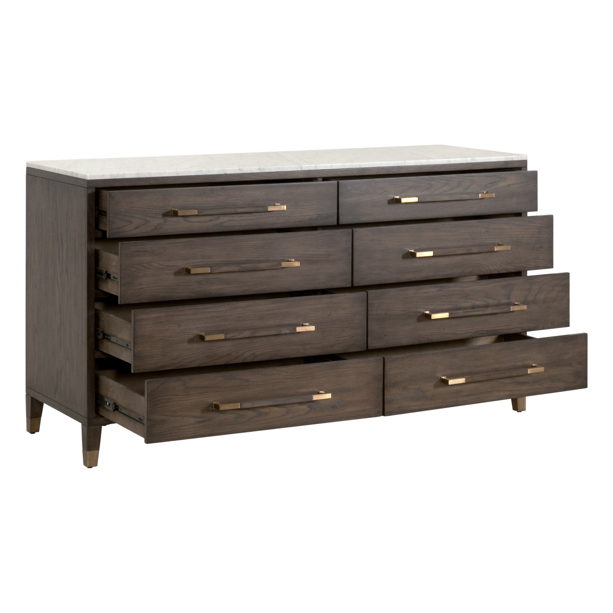 Cambria 8-Drawer Double Dresser with marble top and brass pulls in Dutch brown oak by Essentials for Living