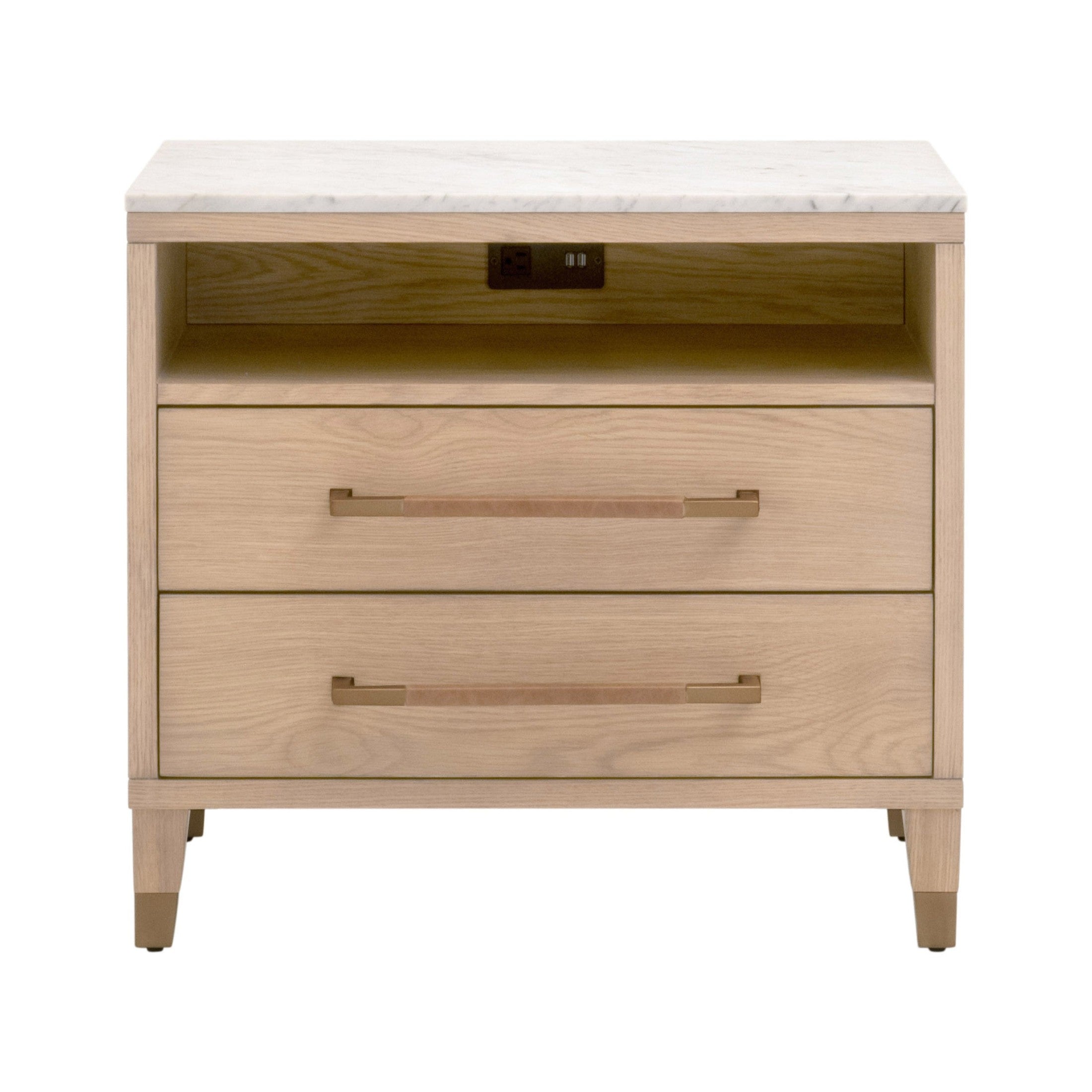 Cambria 2-Drawer Nightstand with marble top, oak wood, USB ports, and drawers by Essentials for Living