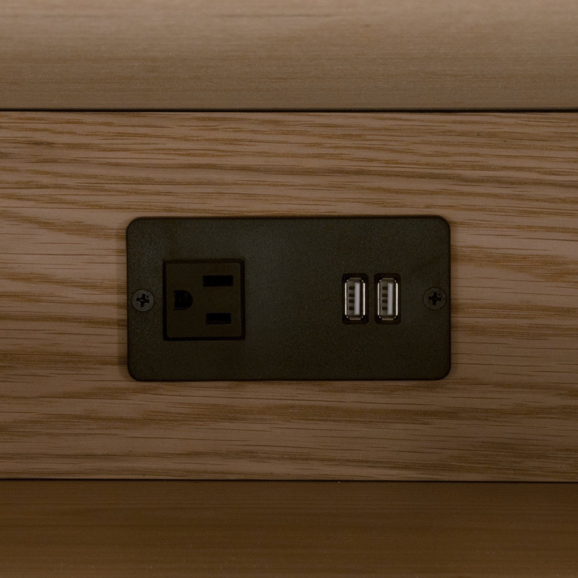 Integrated power outlet and dual USB ports on Cambria 2-Drawer Nightstand by Essentials for Living