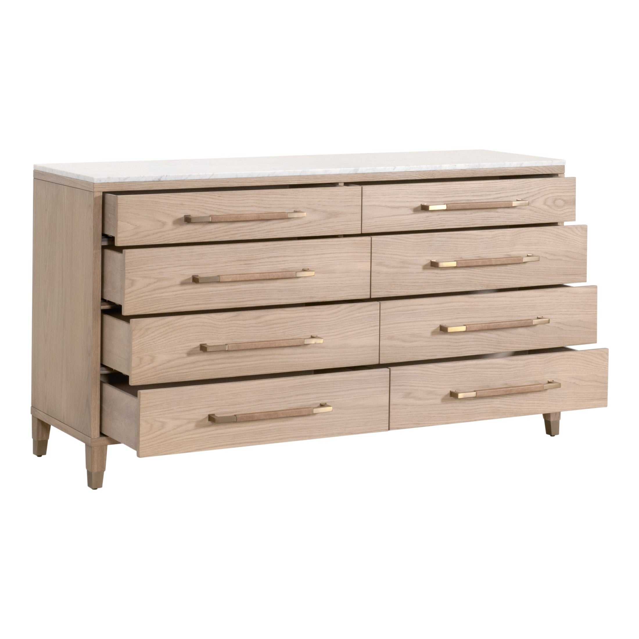 Cambria 8-Drawer Double Dresser with marble top and brass pulls in Dutch brown oak by Essentials for Living