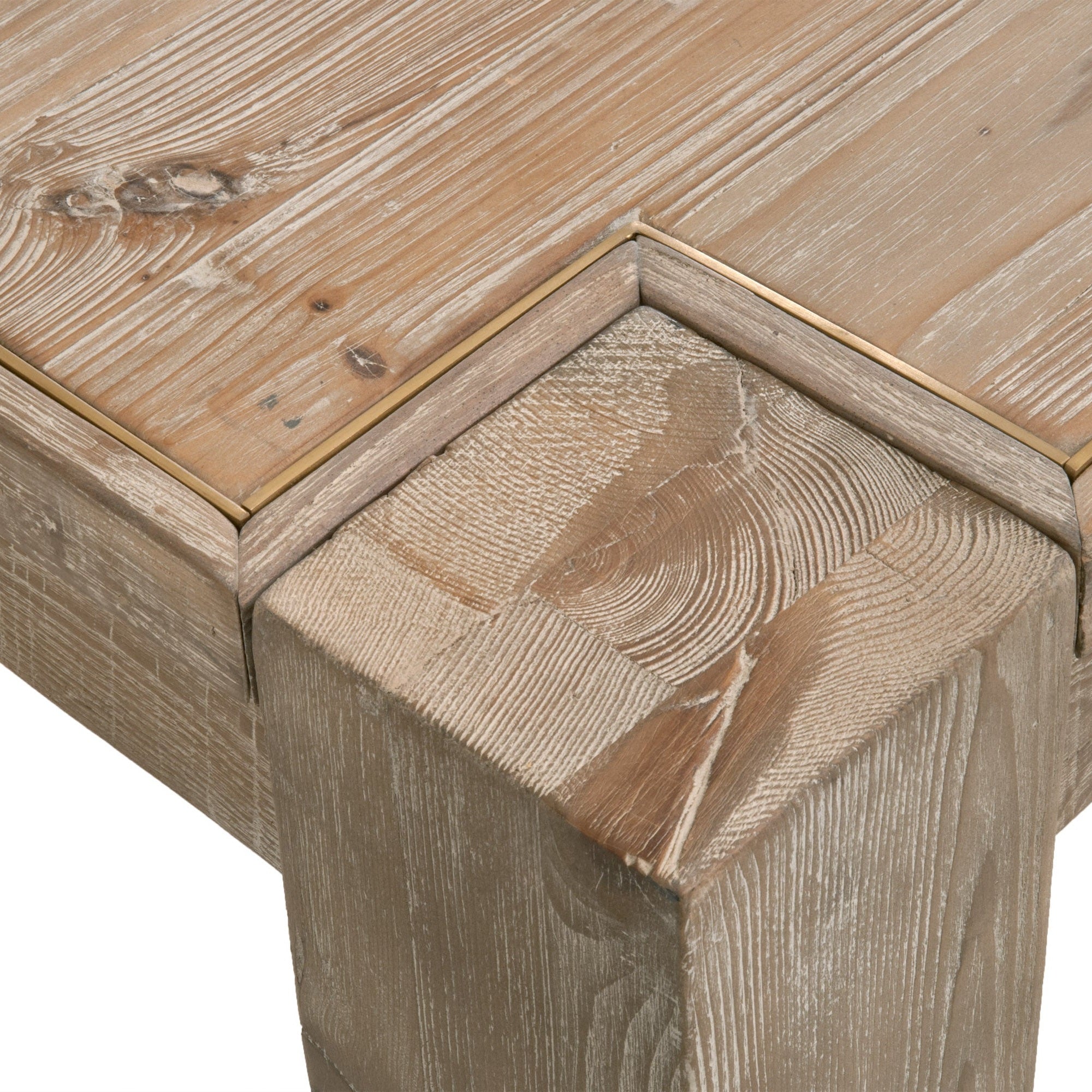 Close-up of Canal Extension Dining Table corner showing reclaimed smoke gray pine wood and brushed gold inlay detail by Essentials for Living