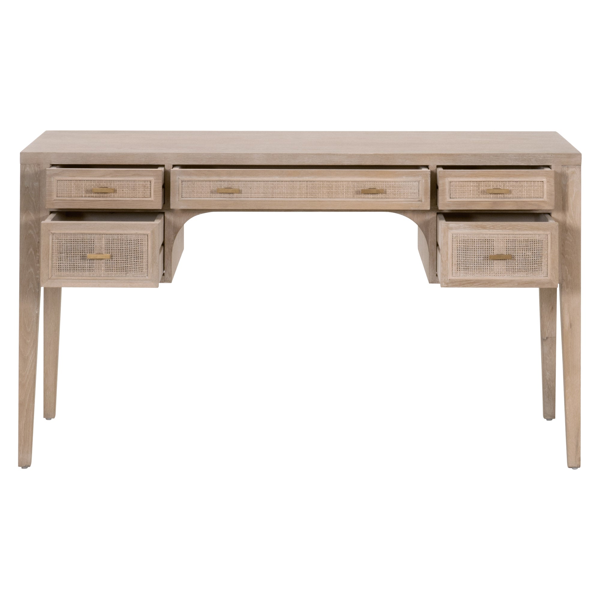 Cane Desk by Essentials for Living with smoke gray oak finish and cane inlay drawers for stylish rustic workspace storage