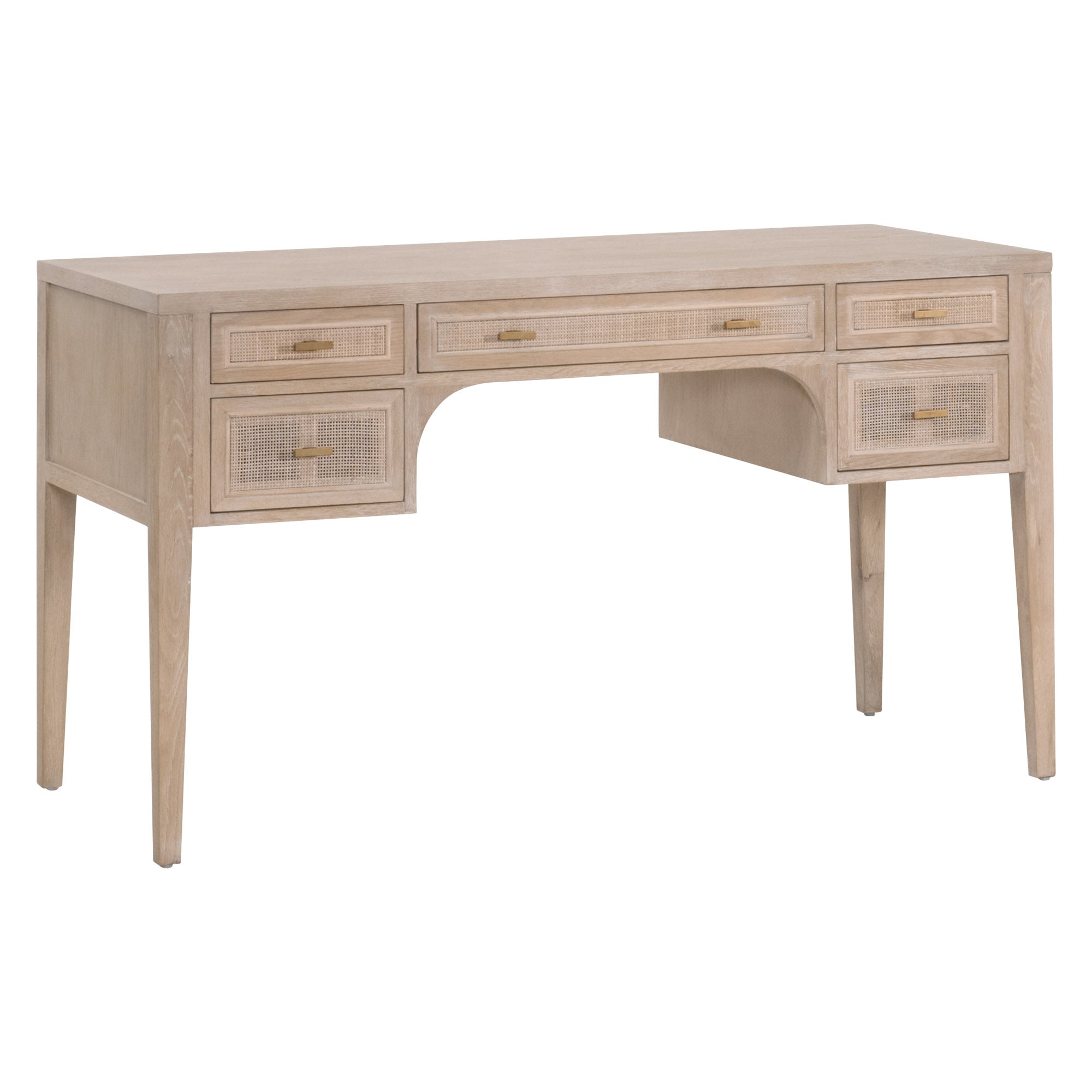 Essentials For Living Cane Desk with smoke gray oak finish and cane inlay drawers offering rustic bohemian style and storage.