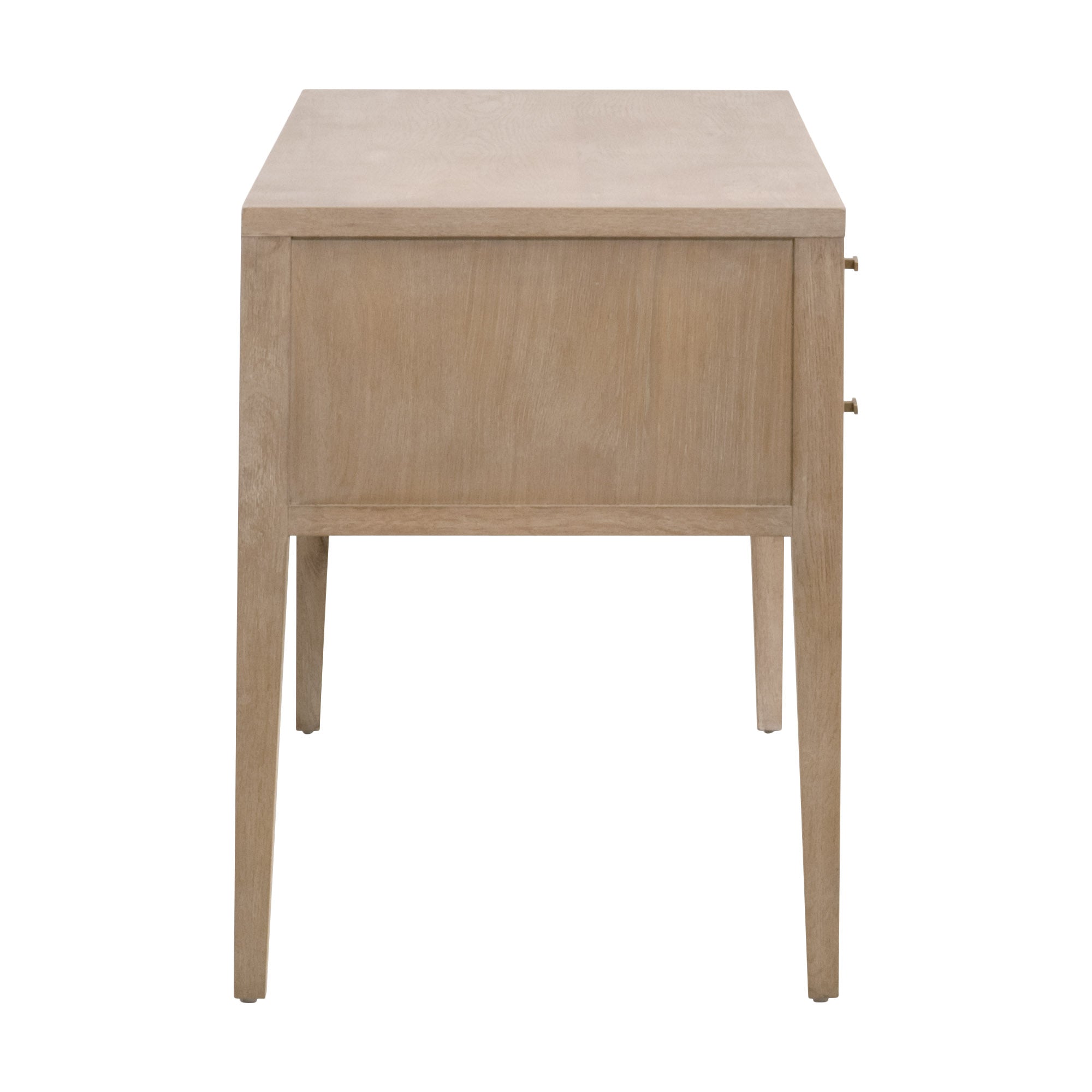 Side view of Essentials For Living Cane Desk in smoke gray oak with cane inlay drawers and solid wood legs