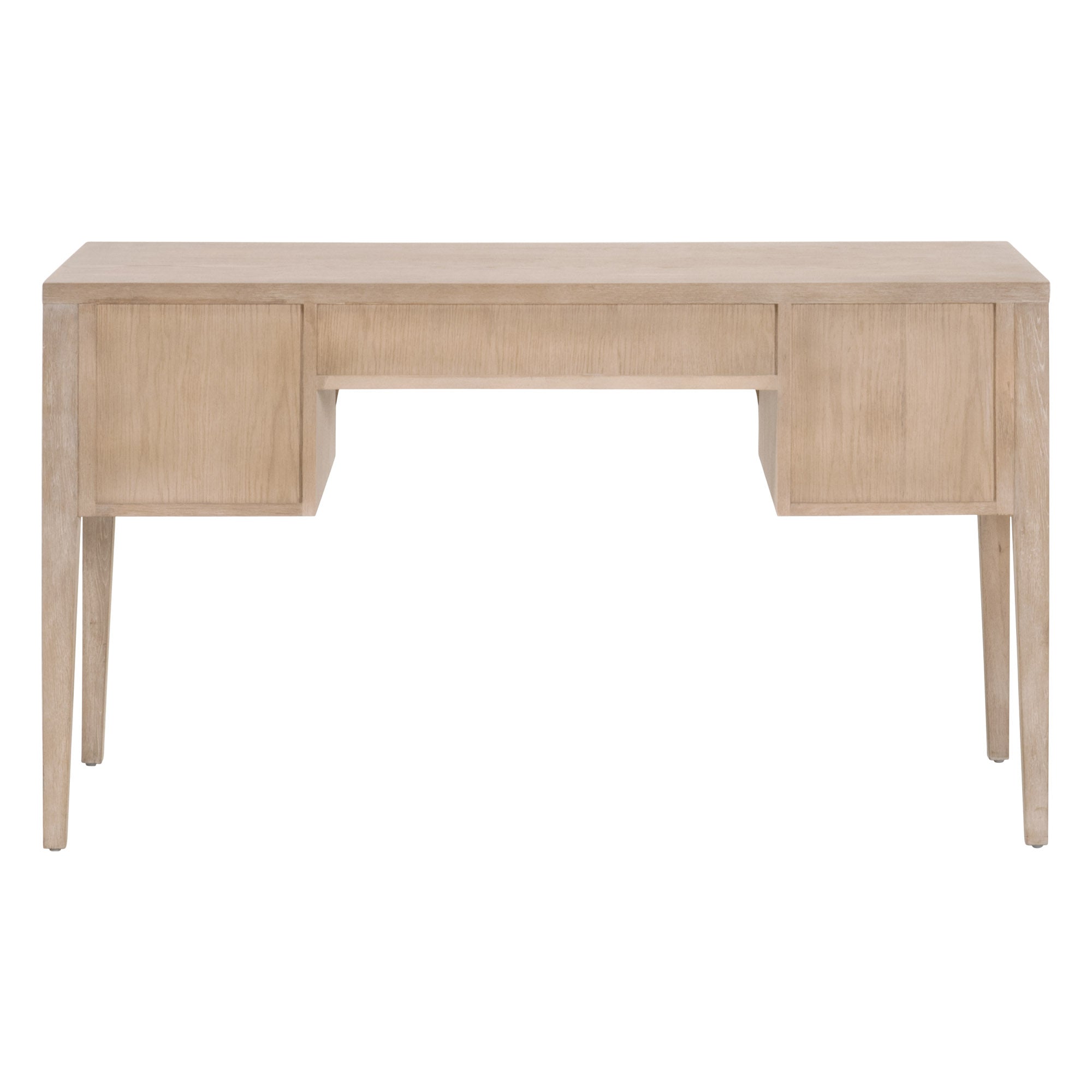 Minimalist wooden desk with three drawers and tapered legs in a light natural finish perfect for workspace organization