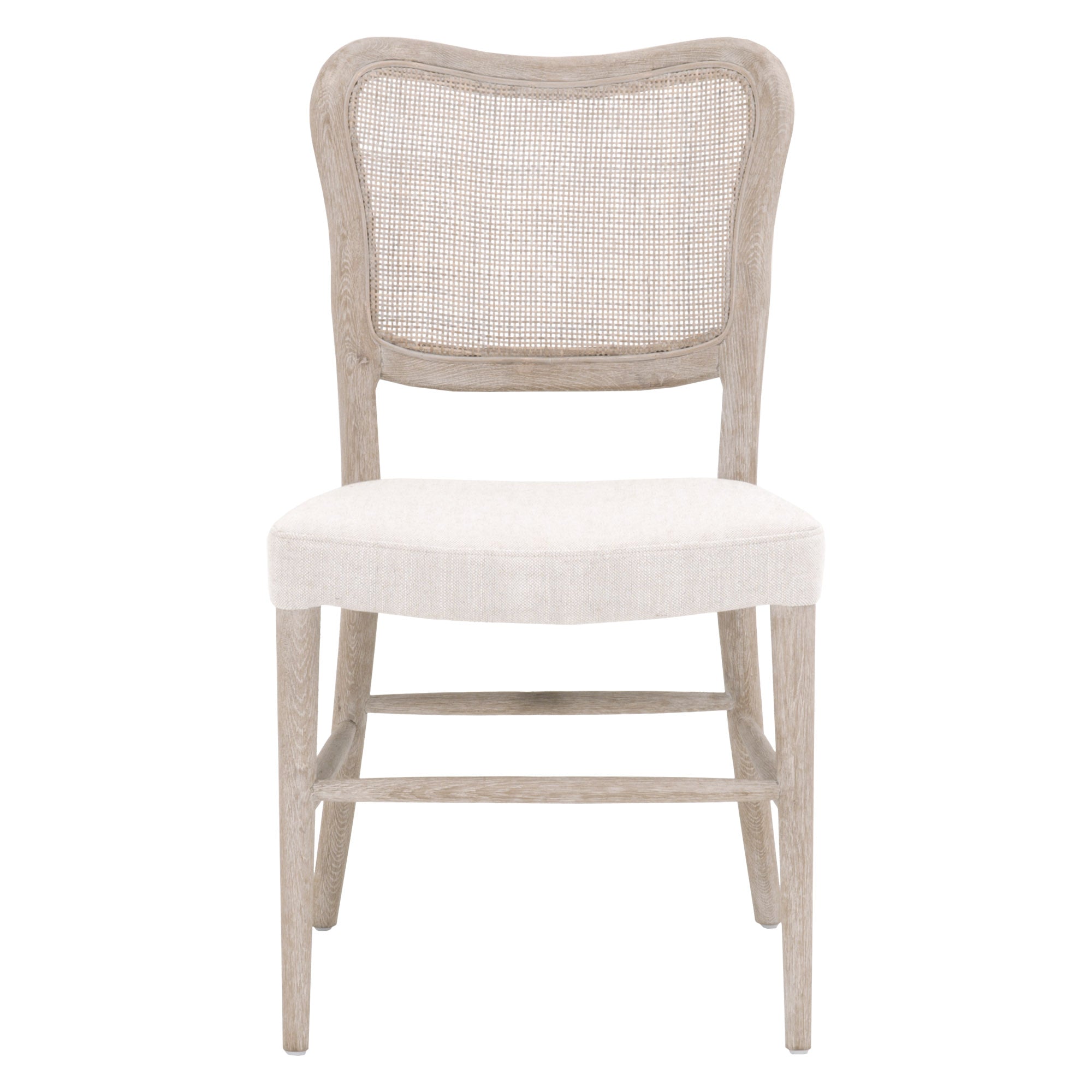 Dining chair with handwoven cane backrest and bisque upholstered seat in natural gray oak frame by Essentials for Living.