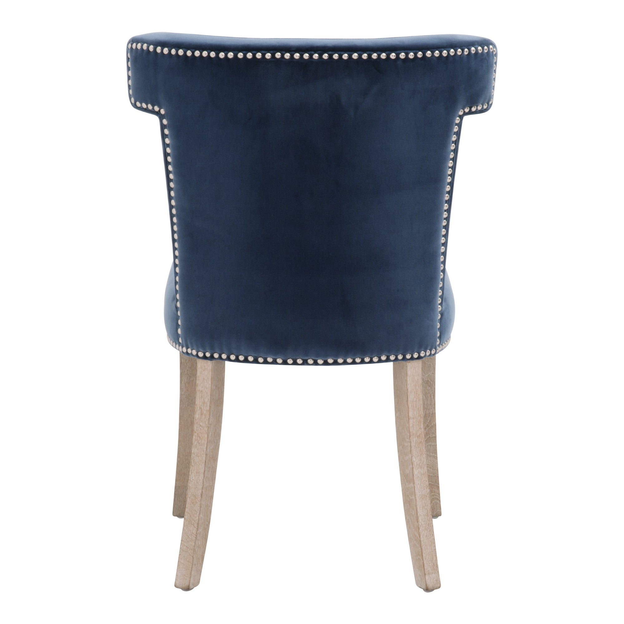 Essentials For Living Celina Dining Chair in denim velvet with silver nailhead trim and natural gray oak legs viewed from the back