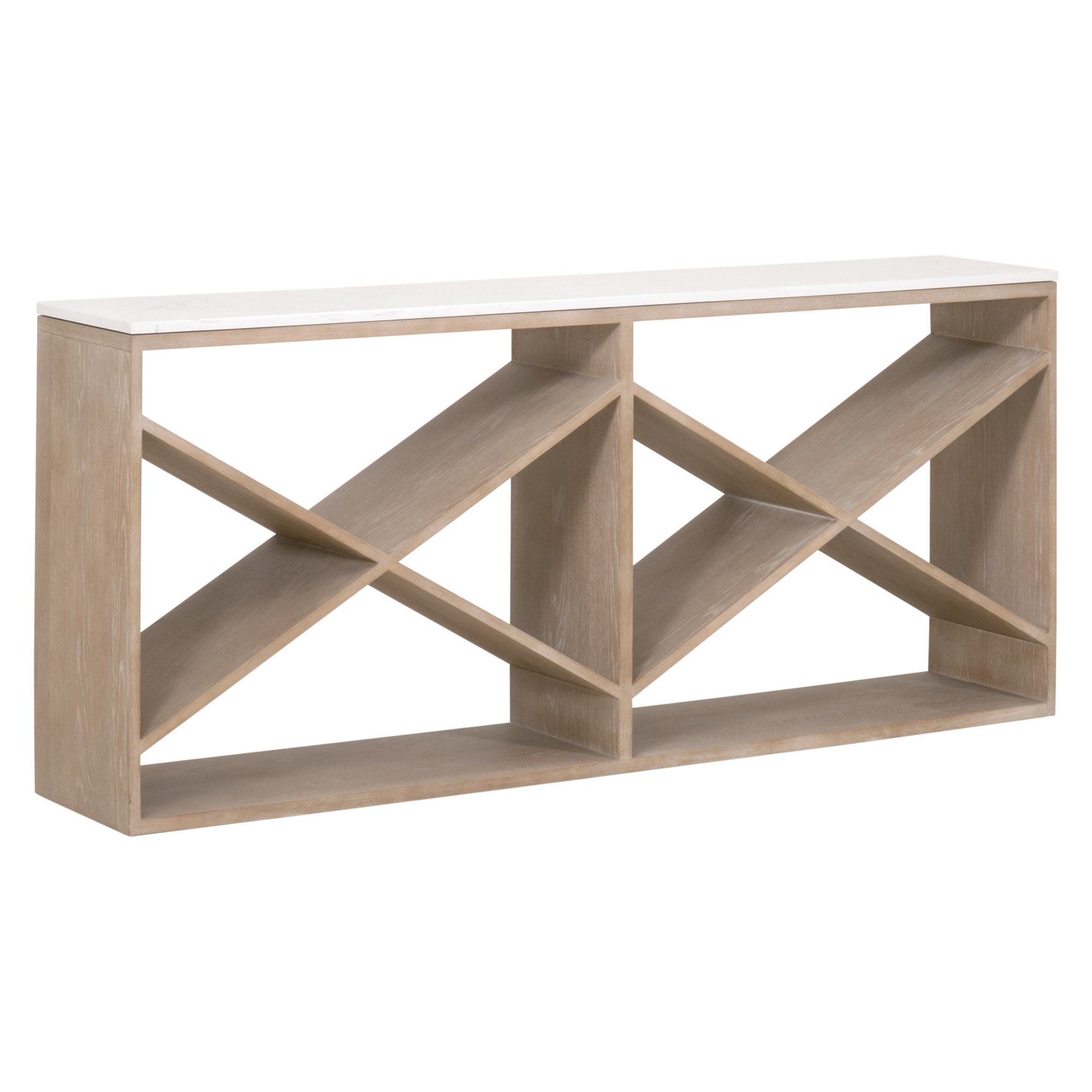 Essentials for Living Cellar Console Table with white quartz top and smoke gray oak base featuring geometric open shelving design