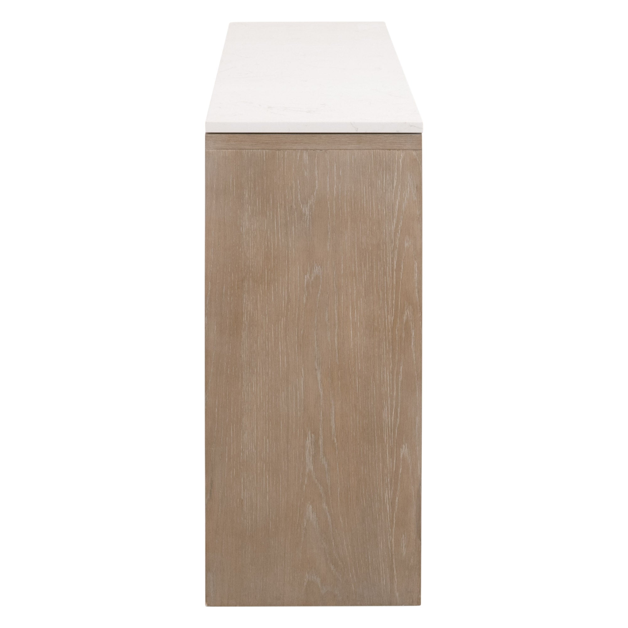 Side view of Essentials For Living Cellar Console Table with smoke gray oak base and white quartz top