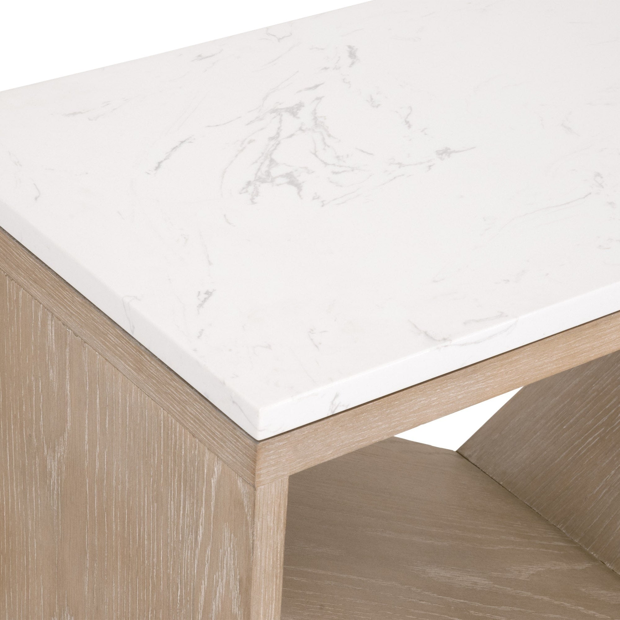 Close-up of Cellar Console Table showing white quartz top with gray veining and smoke gray oak sculptural base by Essentials for Living