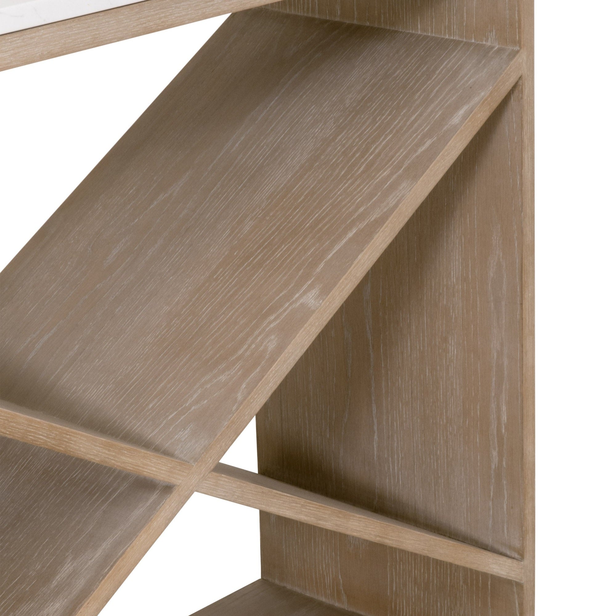 Close-up of smoke gray oak sculptural "X" base of Essentials for Living Cellar Console Table showing wood grain texture