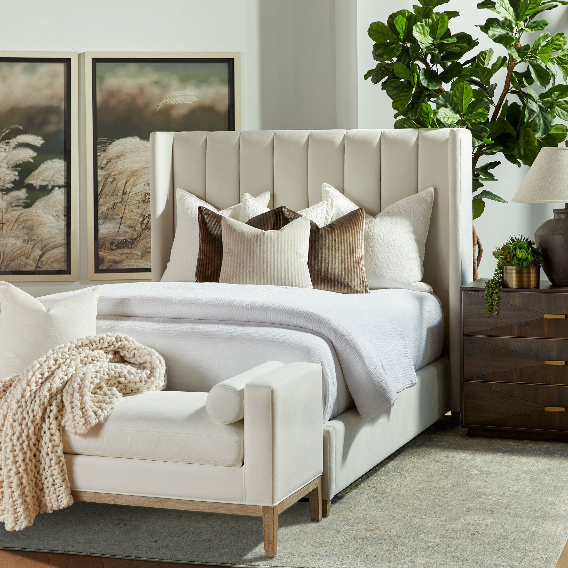 Chandler Queen Bed by Essentials for Living with cream velvet upholstery and vertical channel wingback headboard in elegant bedroom setting