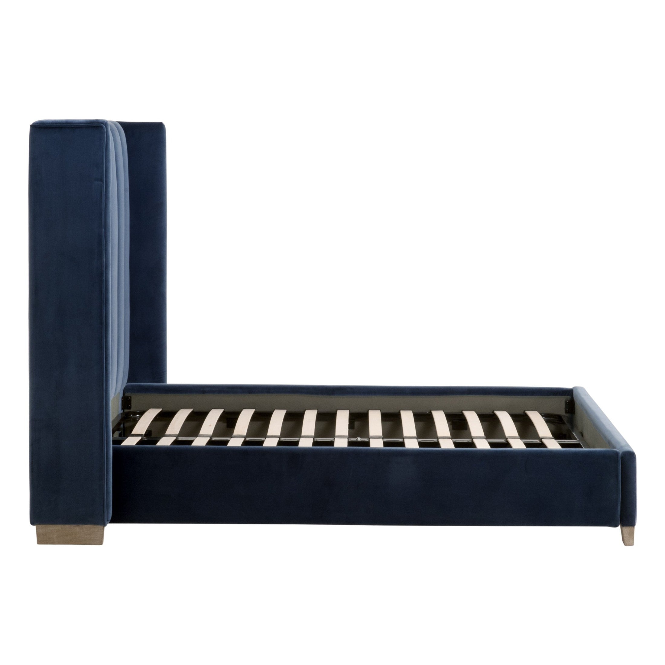 Modern navy velvet queen bed frame by Essentials for Living featuring a wingback headboard and solid wood legs
