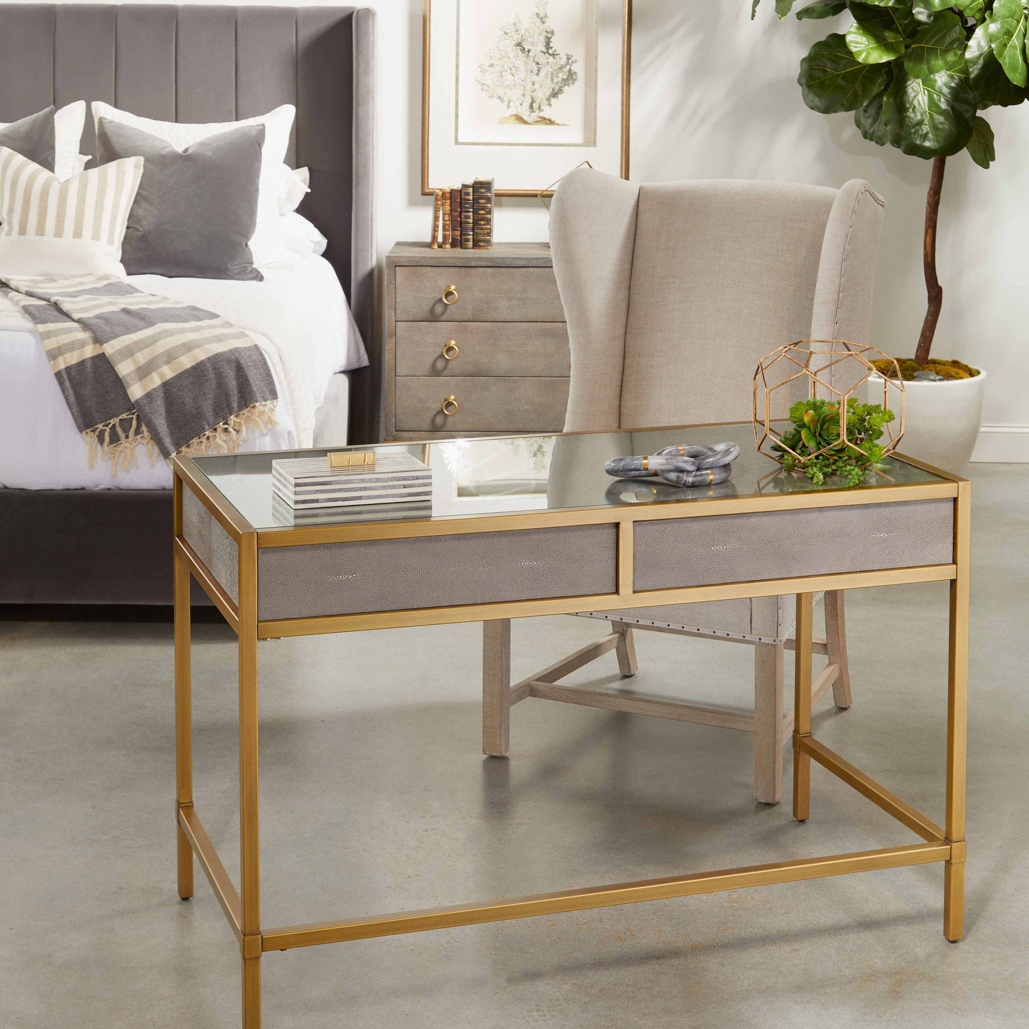 Elegant bisque linen Chateau Arm Chair with wingback design and nail tack details by Essentials for Living in a modern room setting