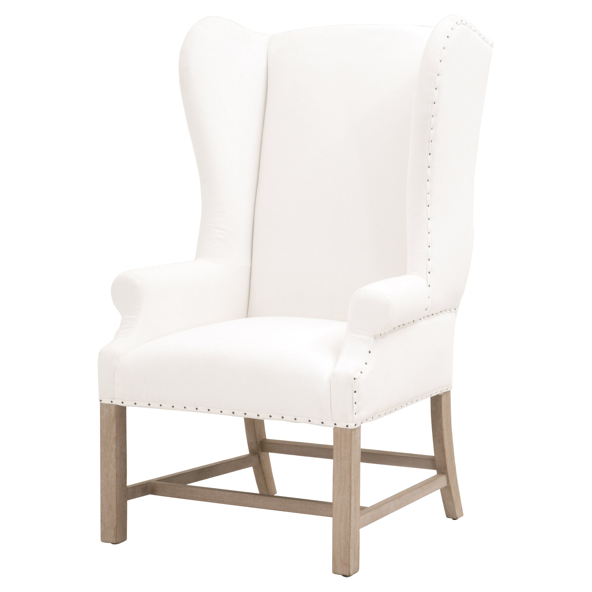 Essentials for Living Chateau Arm Chair with wingback design, bisque linen upholstery, nail tack detail, and natural ash wood frame