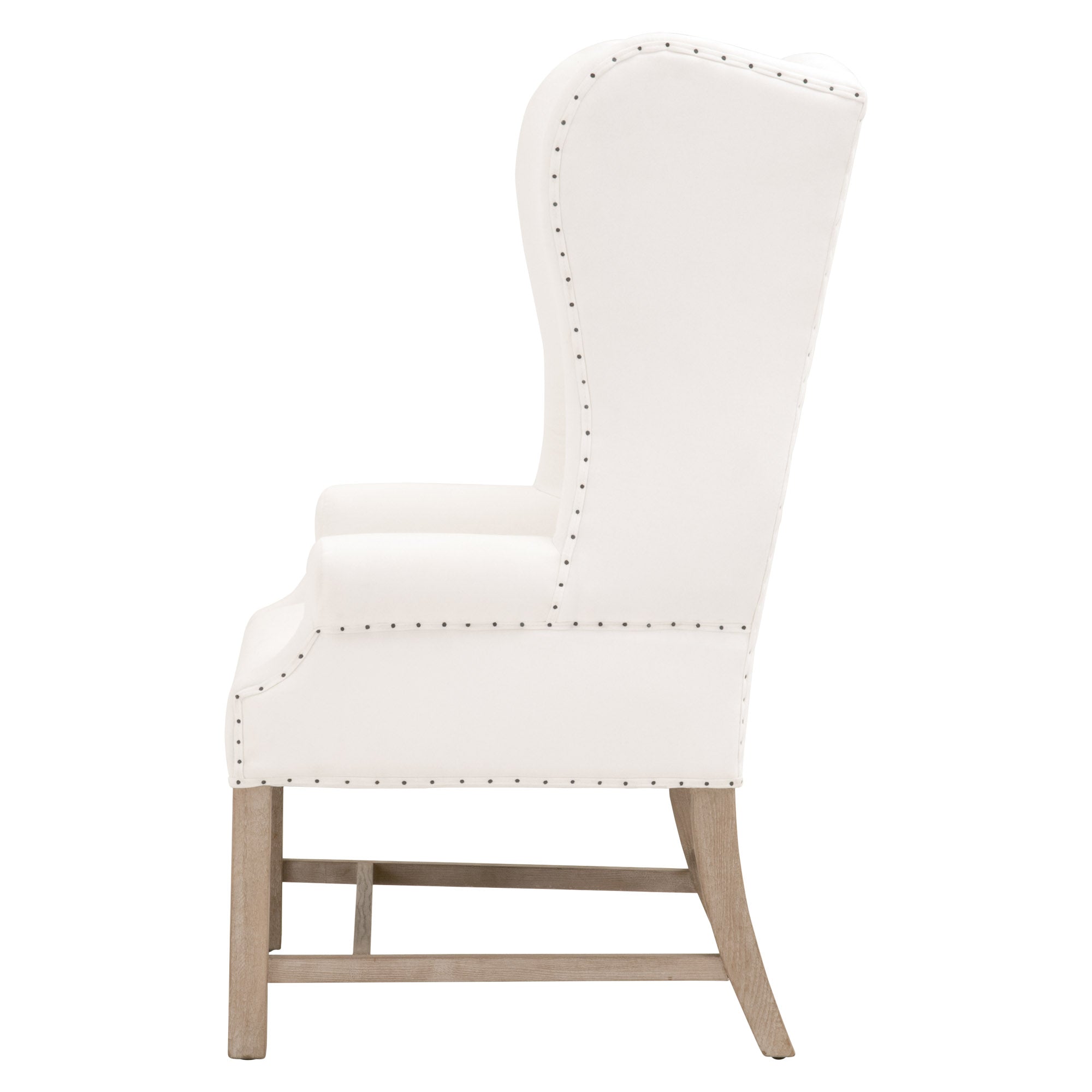 Essentials for Living Chateau Arm Chair in bisque linen with nail tack trim and natural gray ash wood frame side view