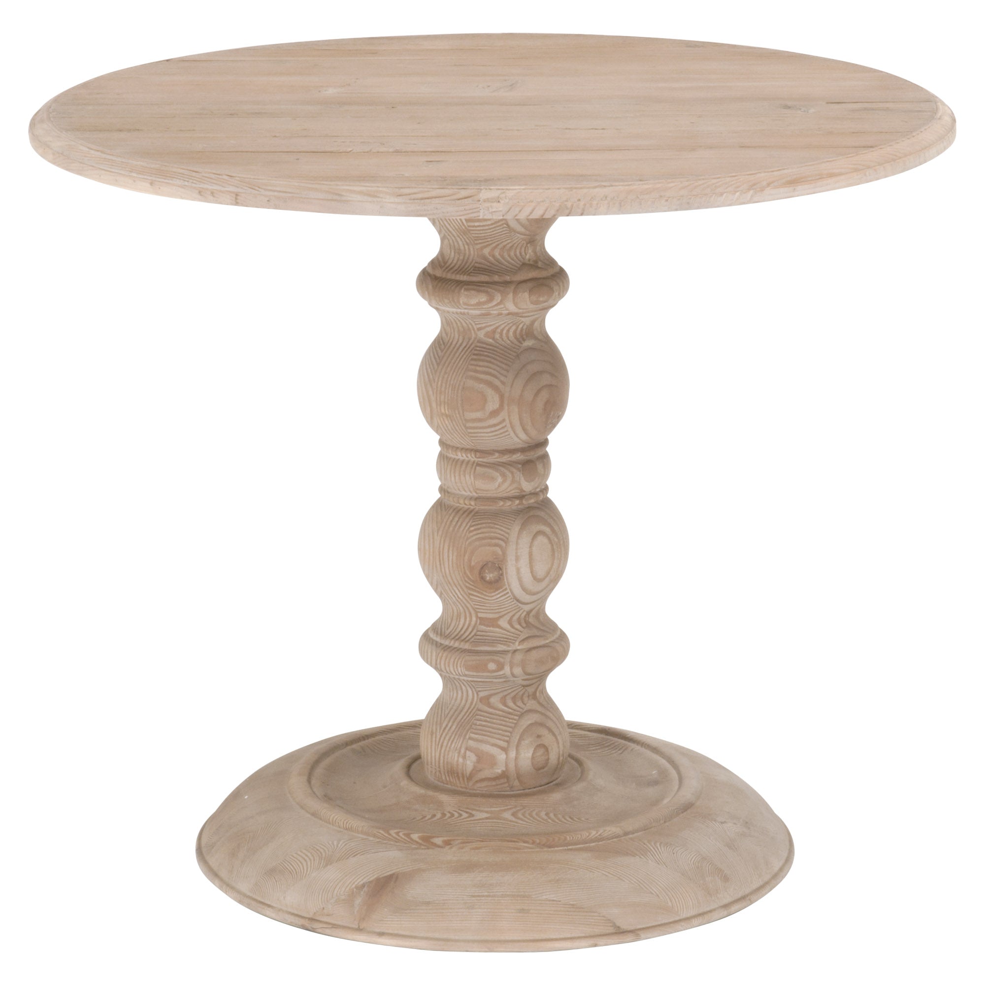 Round dining table with sculpted pedestal base made from reclaimed white pine wood by Essentials For Living