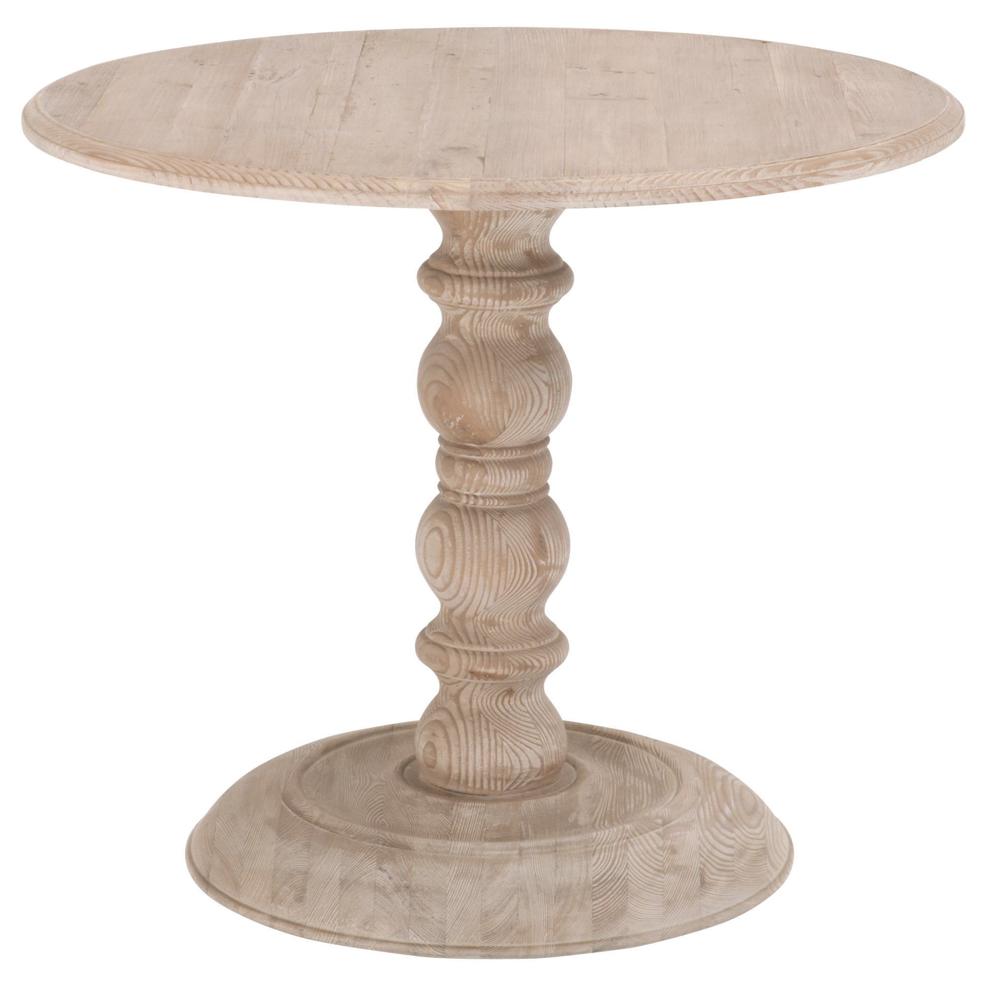 Essentials For Living Chelsea 36" round dining table made from reclaimed white pine with a sculpted pedestal base
