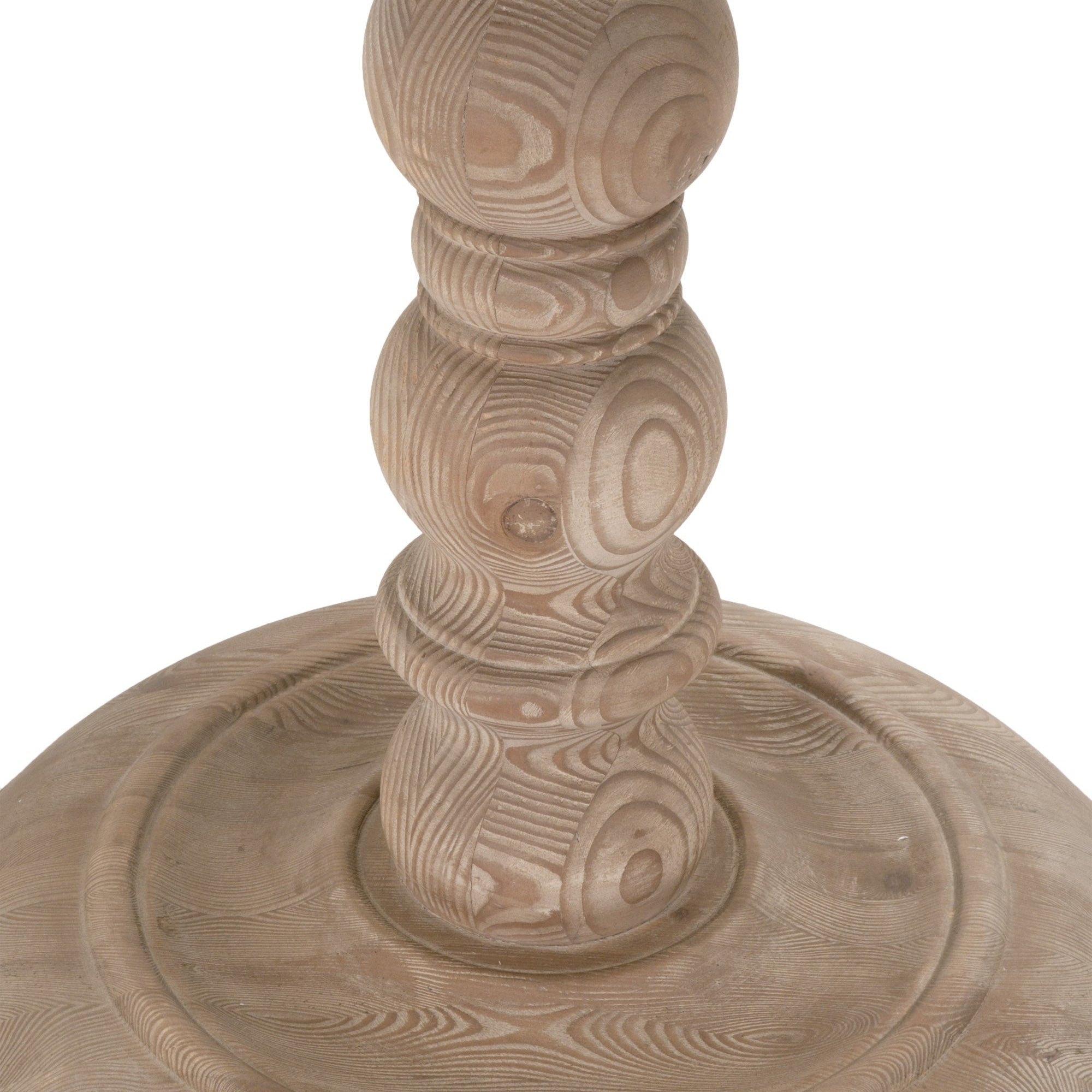 Close-up of reclaimed white pine turned pedestal base of Essentials For Living Chelsea 36 round dining table