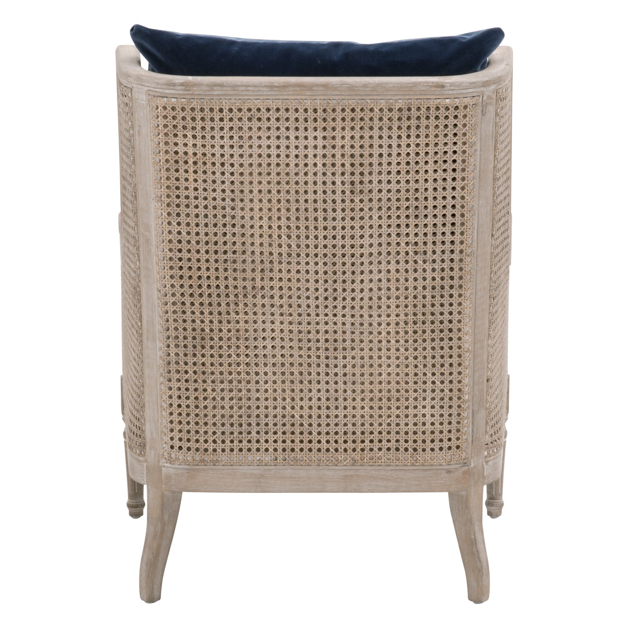 Essentials For Living Churchill Club Chair with natural gray oak frame and classic rattan cane back detail, beige cushions visible from back.