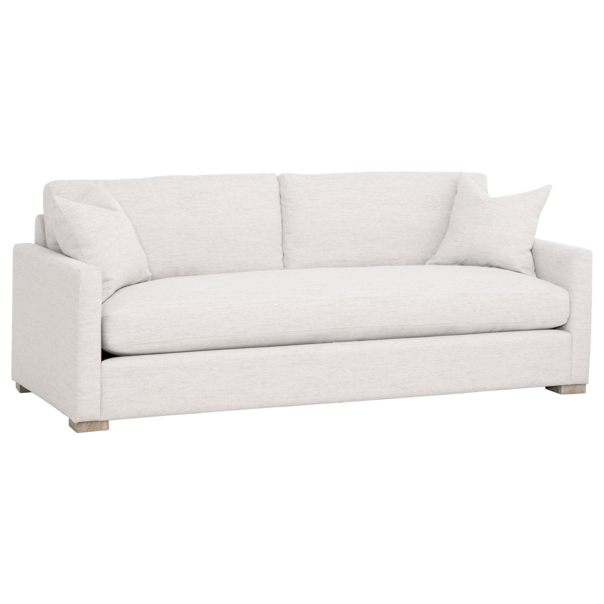 Clara 86 inch slim arm sofa in light stone fabric with natural oak feet by Essentials for Living
