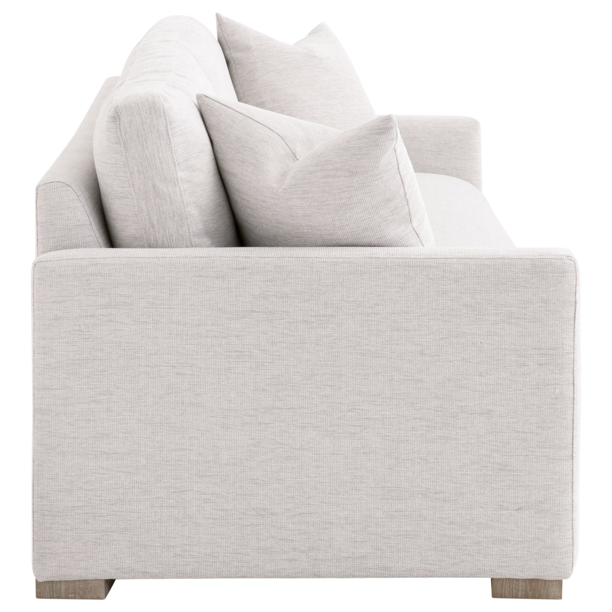 Side view of Essentials For Living Clara 86 slim arm sofa with light stone basketweave upholstery and oak feet