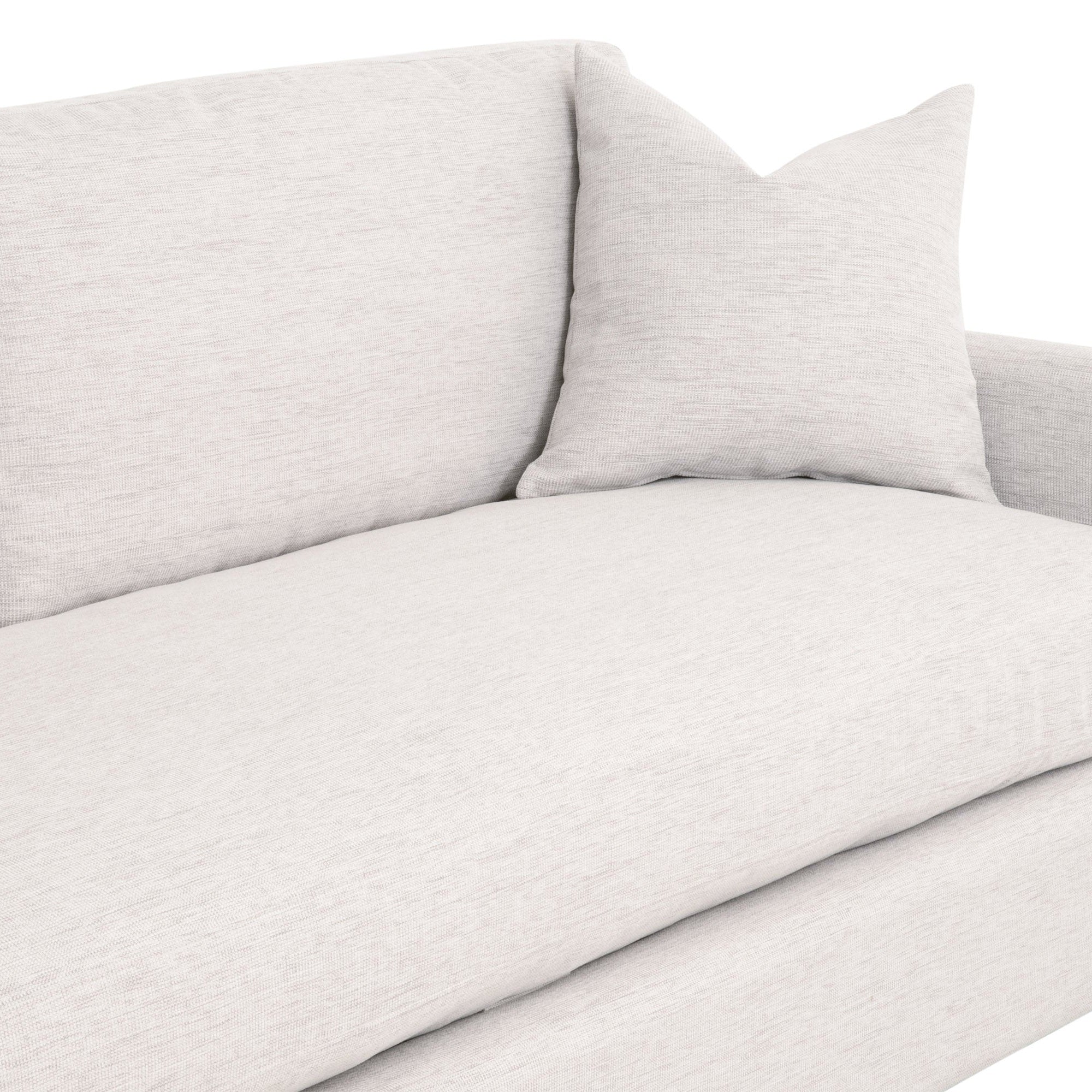 Close-up view of Essentials For Living Clara 86 stone basketweave fabric sofa with down feather pillow
