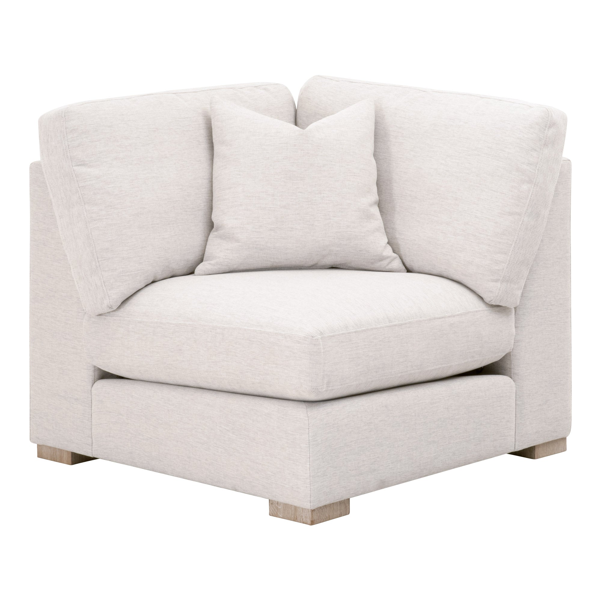 Light gray and white Clara Modular Corner Chair with plush cushions, oak feet, and coordinating throw pillow by Essentials For Living