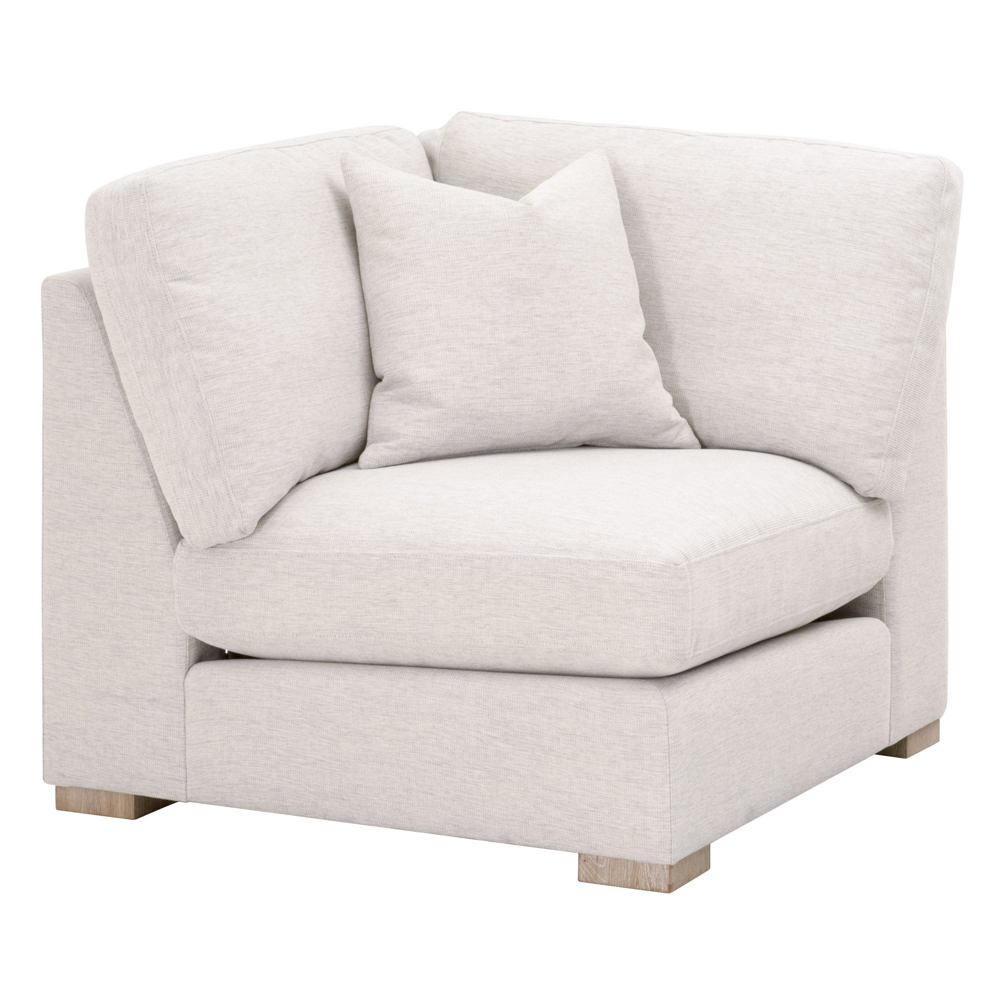 Light gray and white modular corner chair with plush cushions and natural oak feet by Essentials for Living
