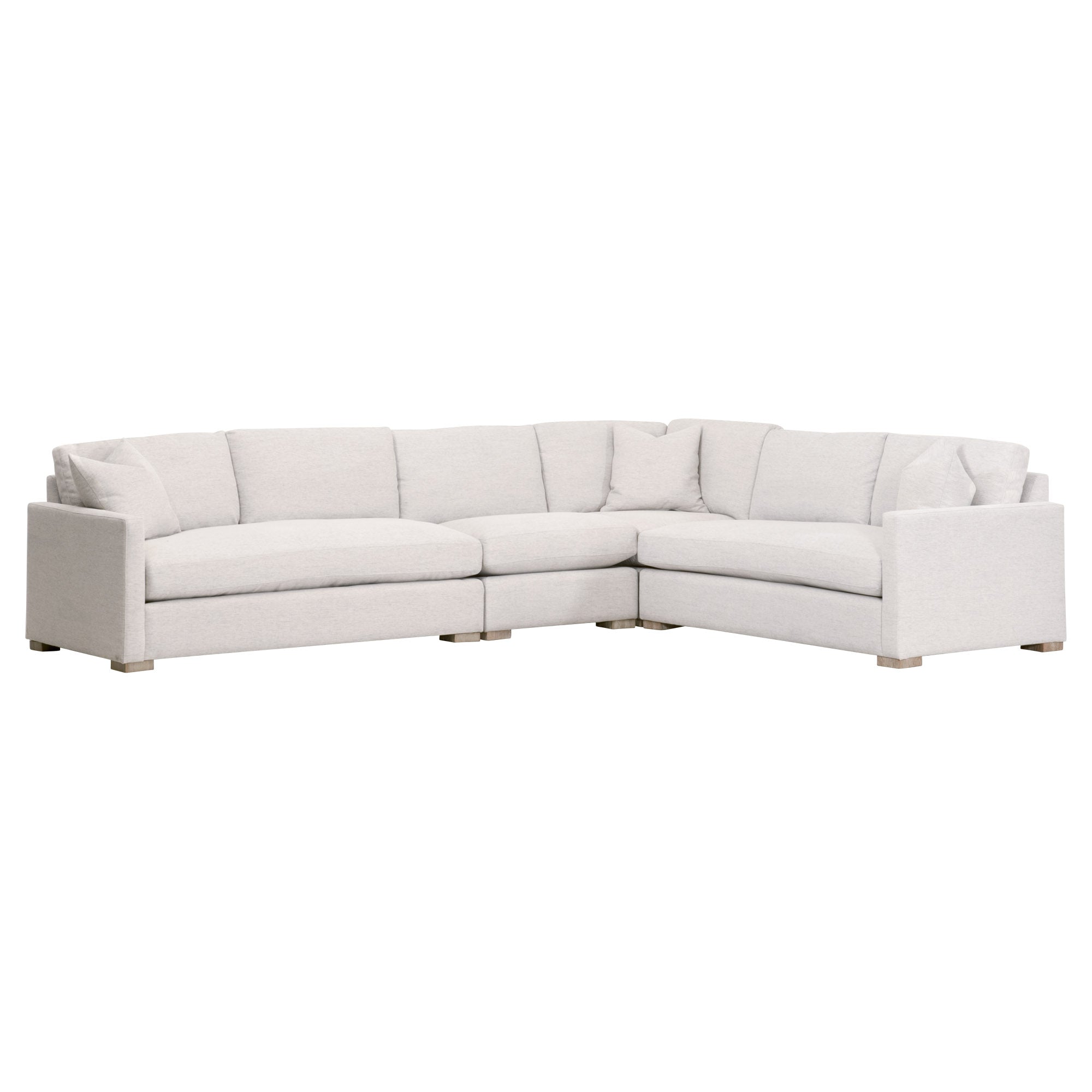Essentials for Living Clara Modular Corner Chair in light gray and white performance fabric with plush cushions and oak feet