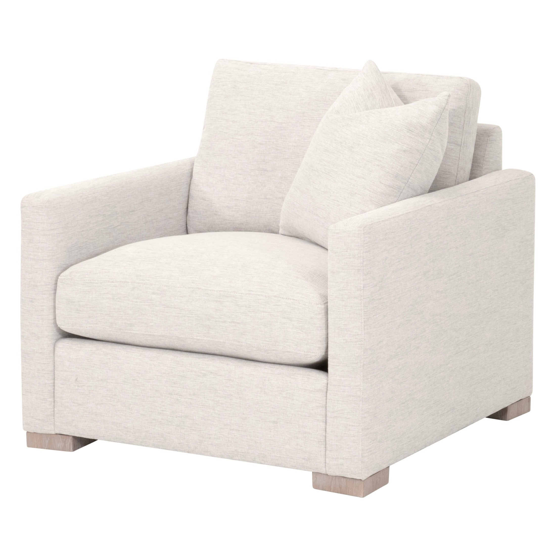 Essentials For Living Clara Slim Arm Sofa Chair in light gray fabric with plush cushions and solid wood feet