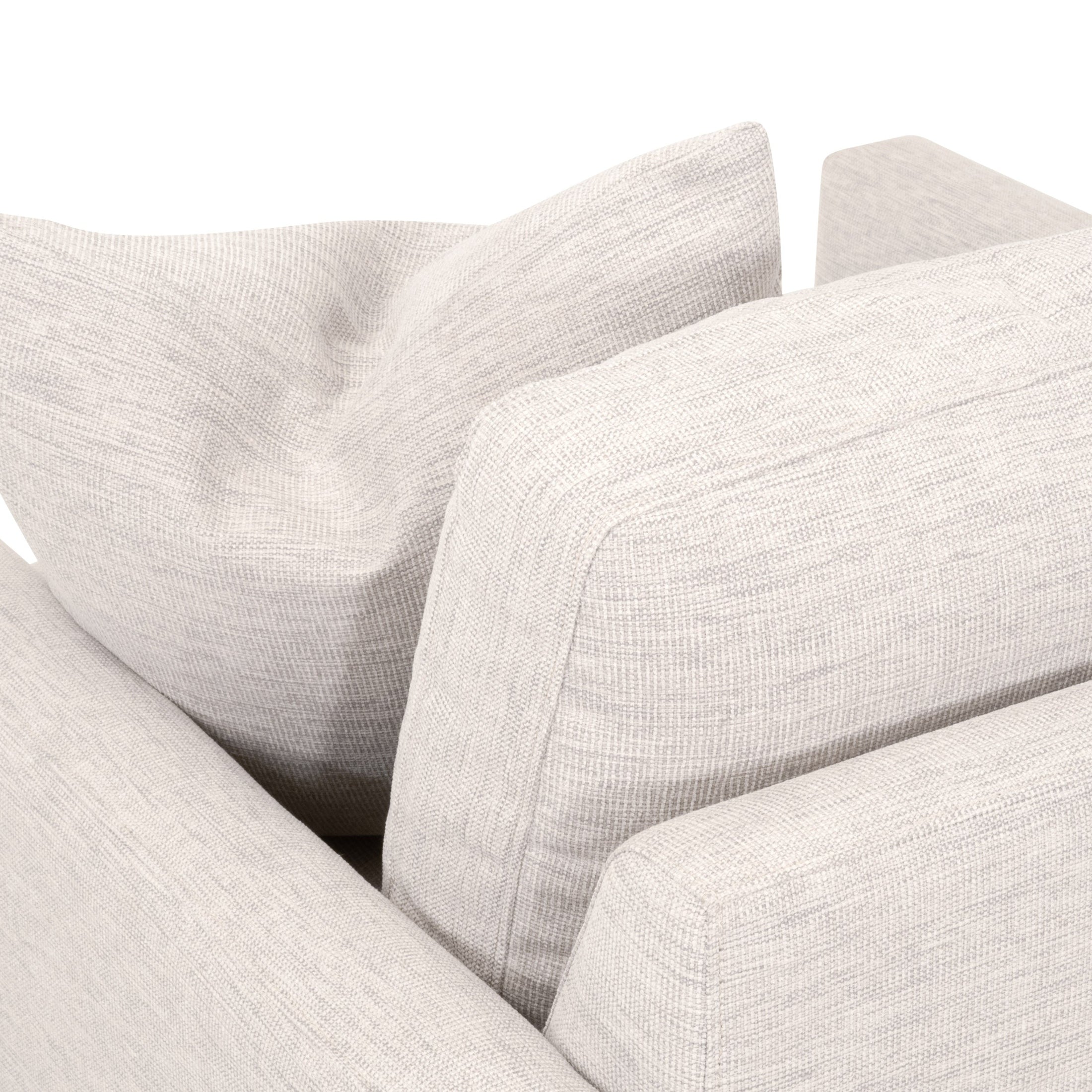 Close-up of light gray basketweave fabric and plush cushions on Essentials for Living Clara Slim Arm Sofa Chair