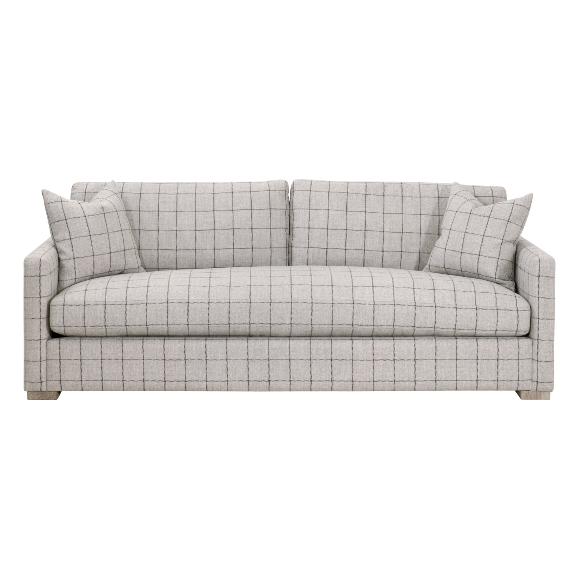 Clara 86 slim arm sofa by Essentials for Living with stone basketweave fabric and natural oak feet in a clean silhouette