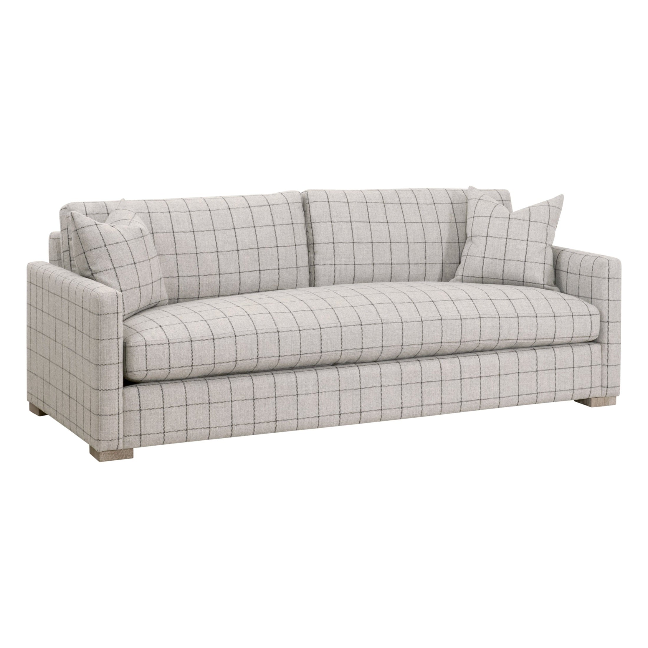 Essentials for Living Clara 86" slim arm sofa in stone basketweave fabric with natural oak legs and down feather pillows