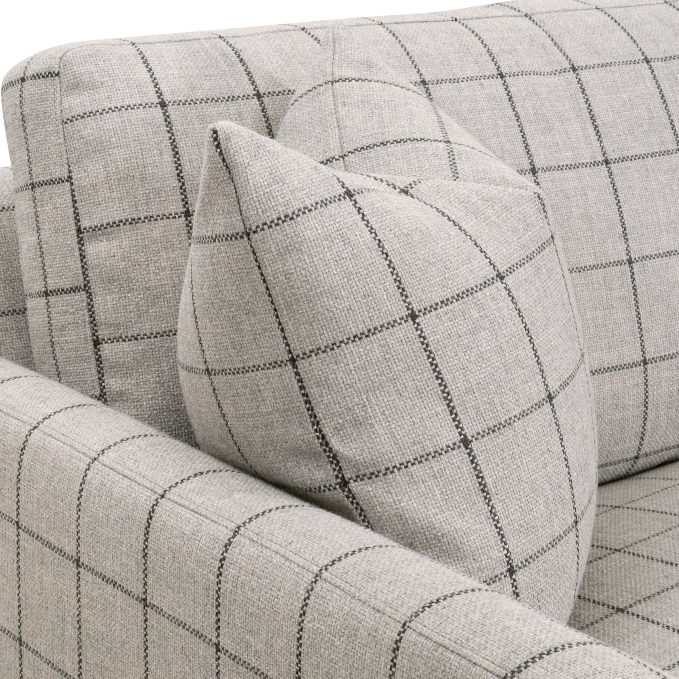 Close-up of stone basketweave fabric with slim arm and matching cushion on Clara 86 sofa by Essentials for Living