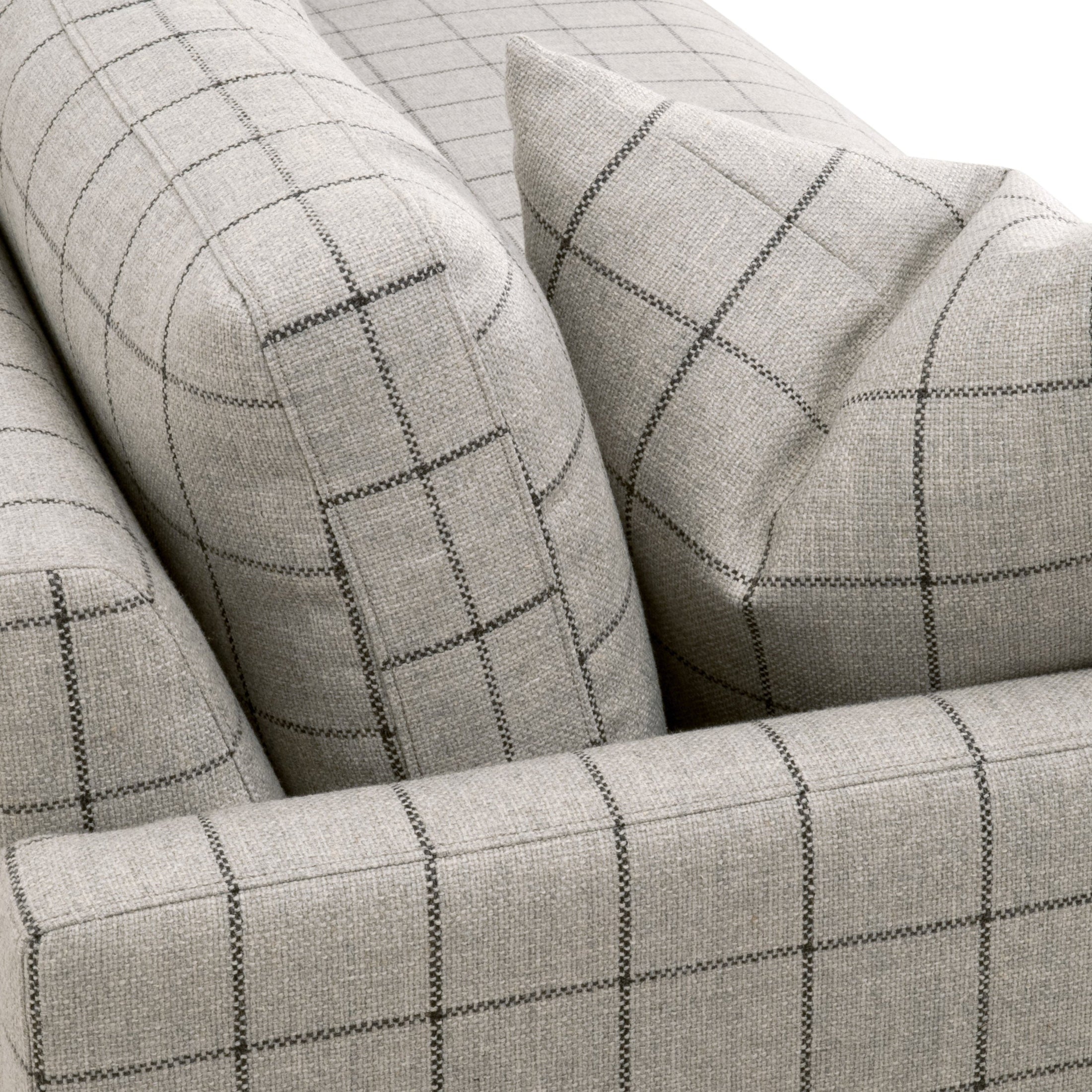 Close-up of Clara 86 Slim Arm Sofa cushions in stone basketweave fabric with subtle check pattern by Essentials For Living