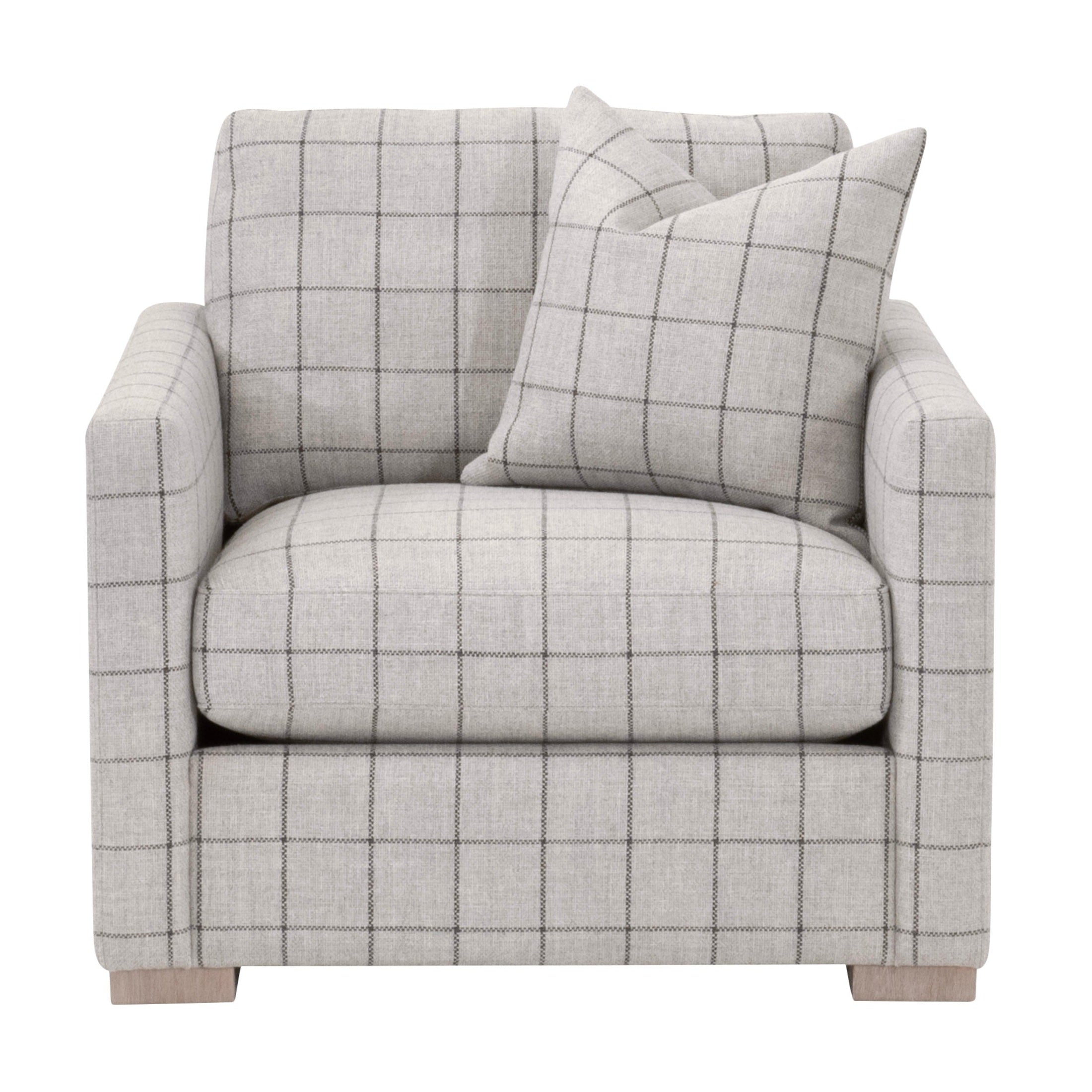 Essentials For Living Clara Slim Arm Sofa Chair in light gray basketweave fabric with plaid pattern and cushion