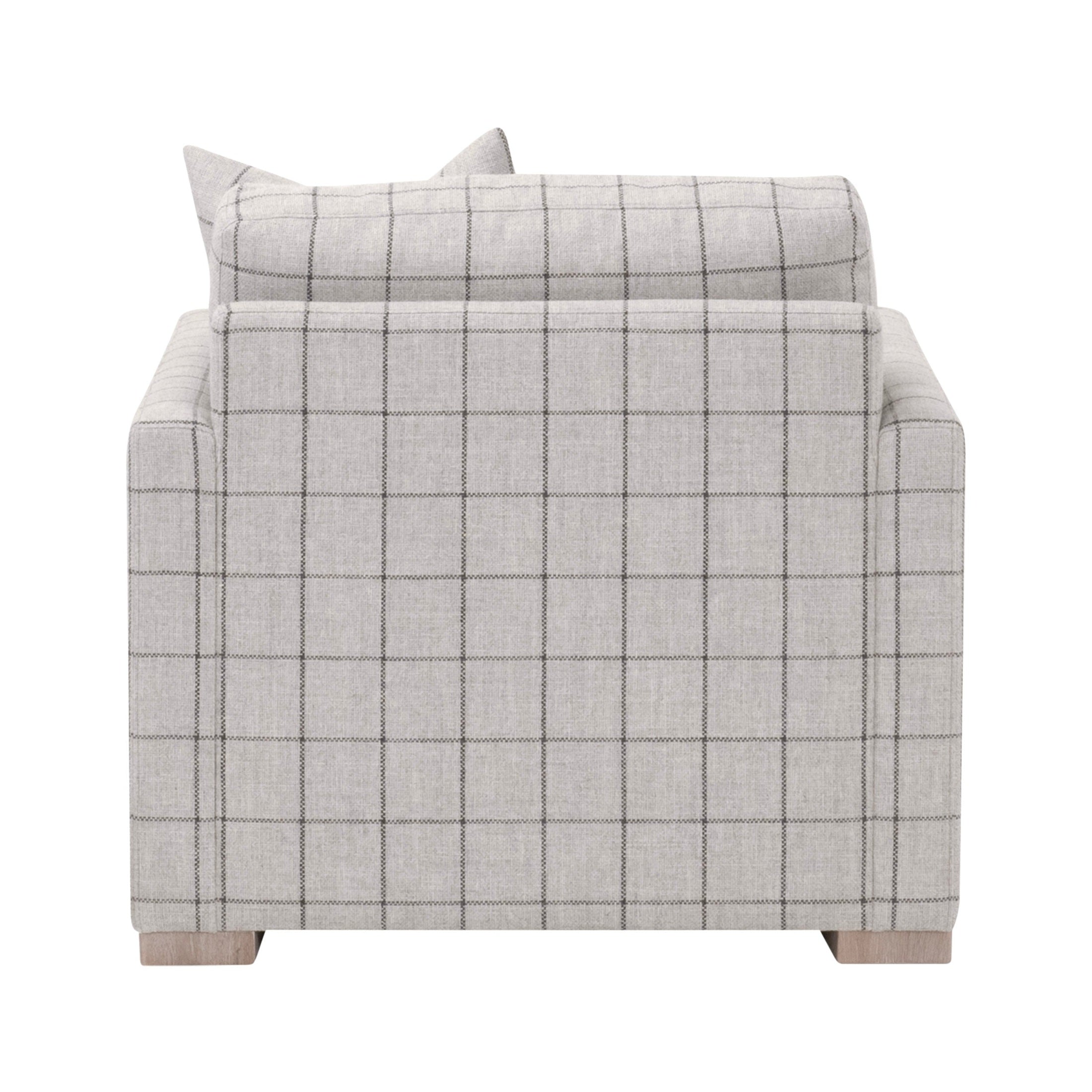 Essentials for Living Clara Slim Arm Sofa Chair in light gray basketweave fabric with exposed oak feet viewed from back
