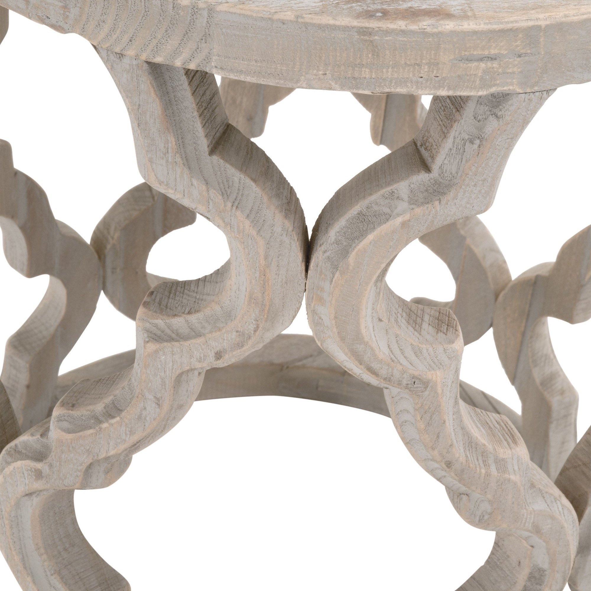 Close-up of the carved quatrefoil-inspired smoke gray reclaimed elm base on Essentials for Living Clover End Table.