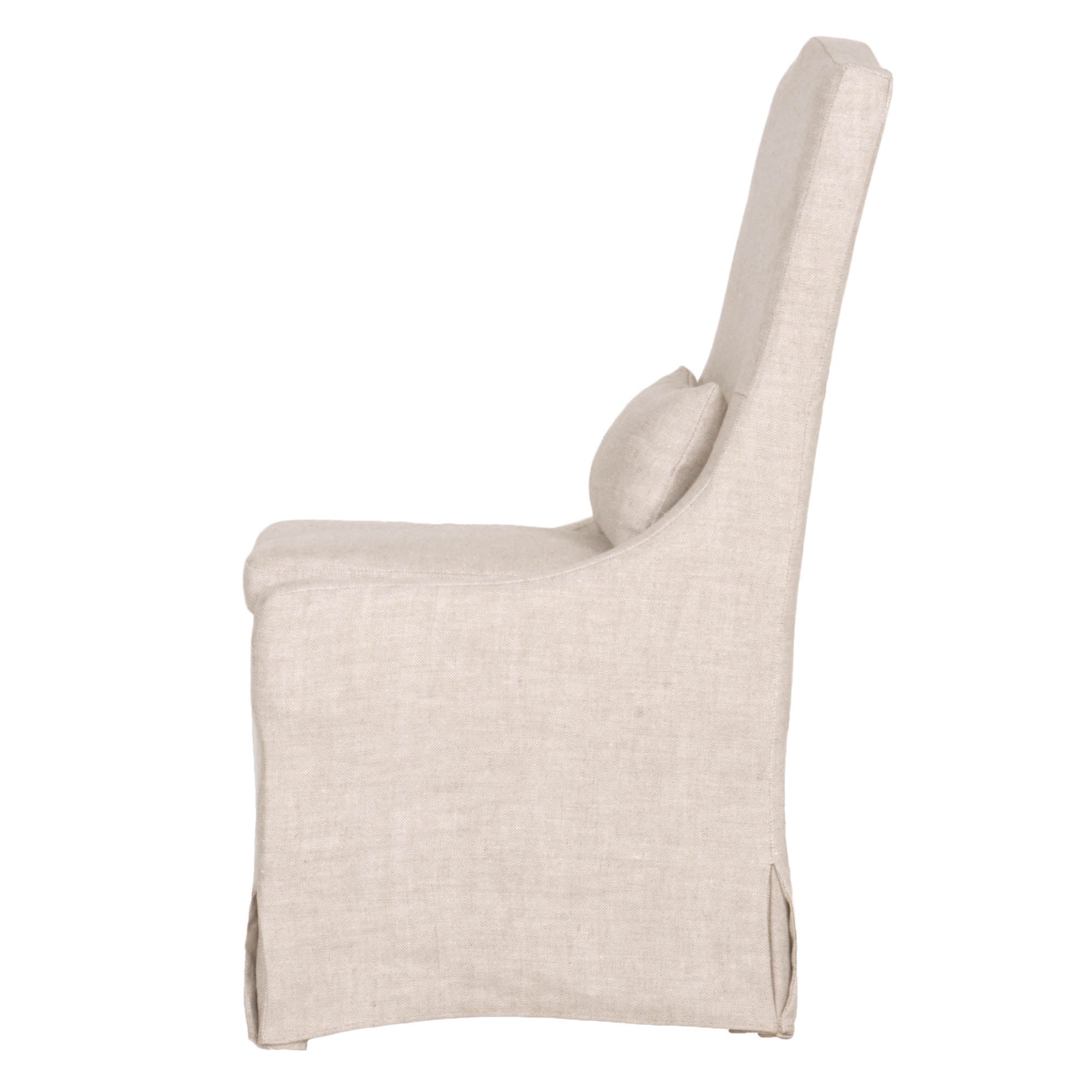Side view of Essentials For Living Colette Slipcover Dining Chair in creamy bisque French linen with removable cushion and pillow