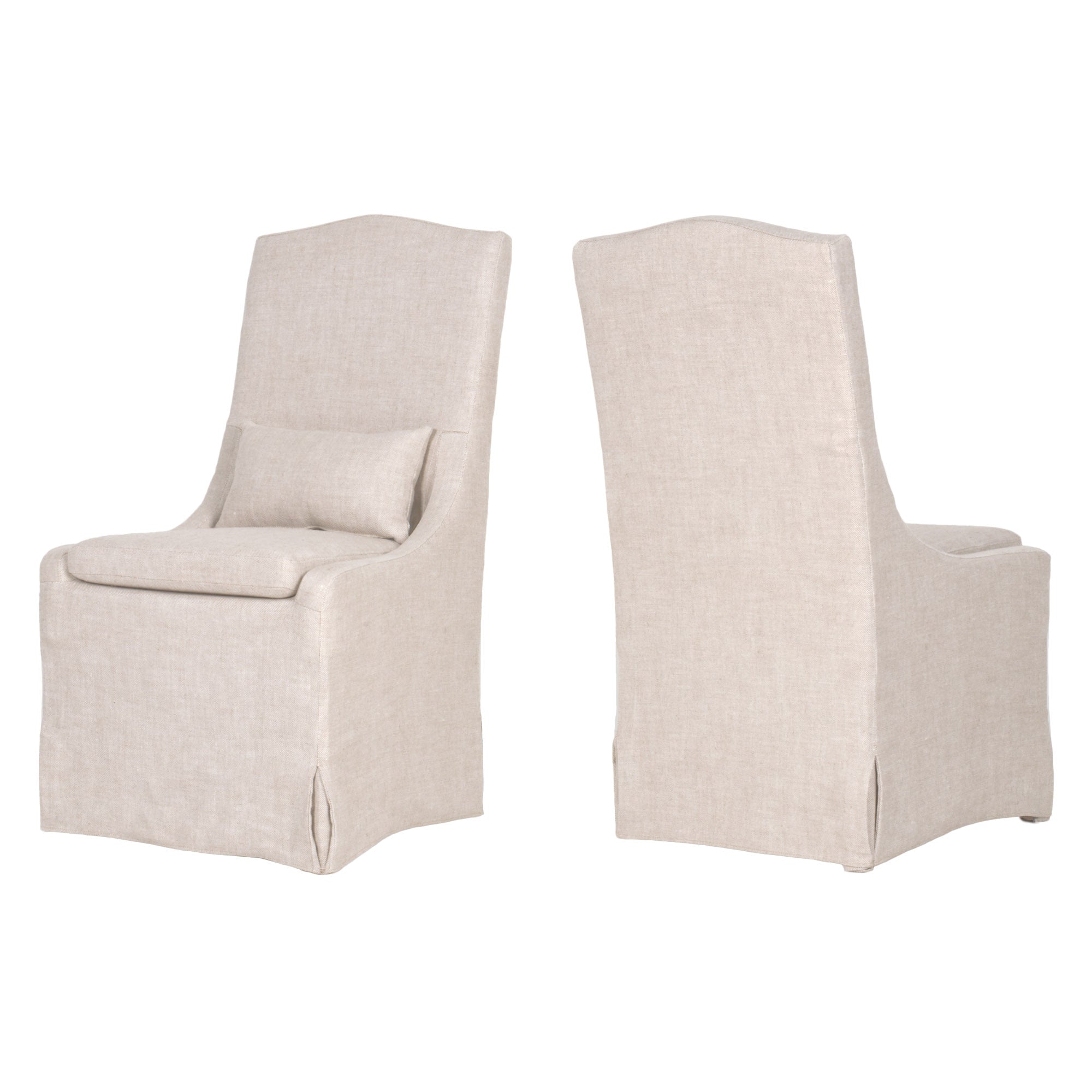 Two Colette slipcover dining chairs in creamy bisque French linen with removable cushions by Essentials For Living