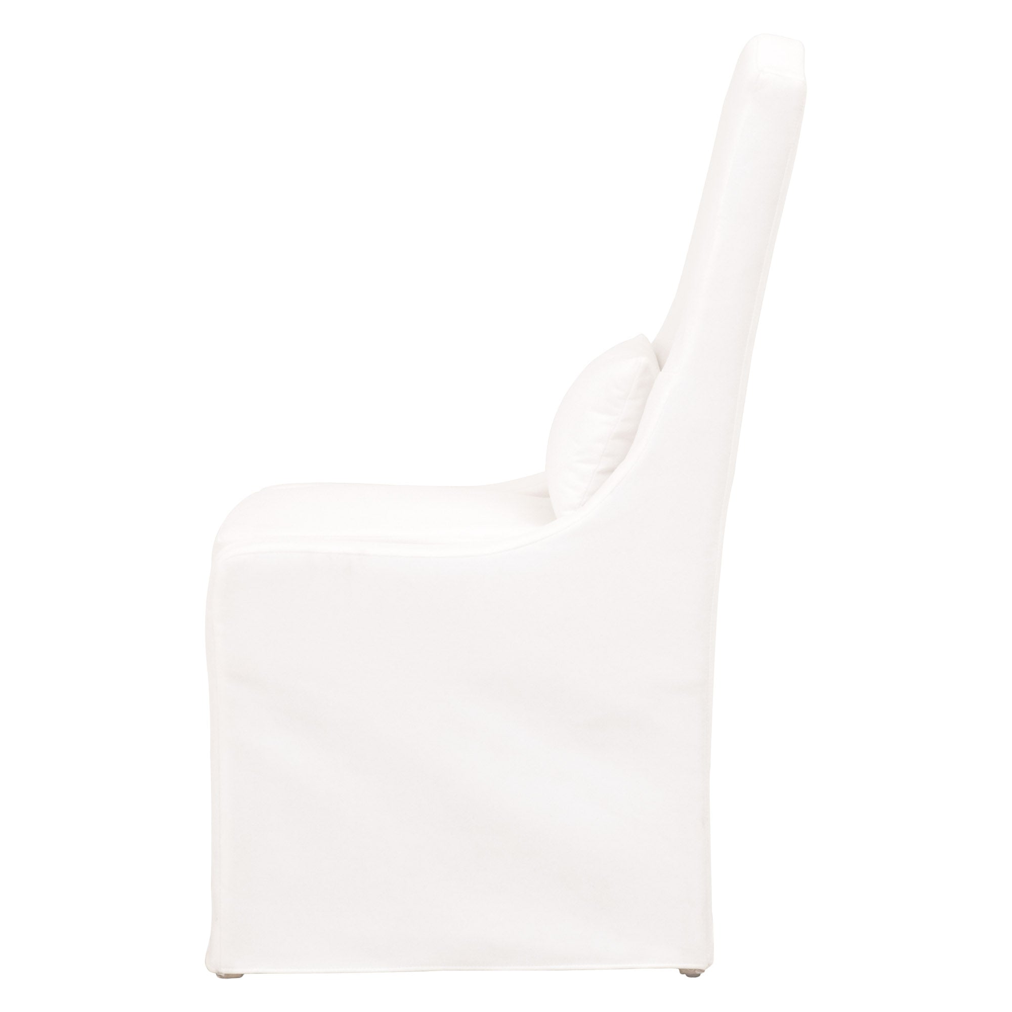 Side view of Essentials for Living Colette Slipcover Dining Chair in creamy bisque French linen with cushion and pillow