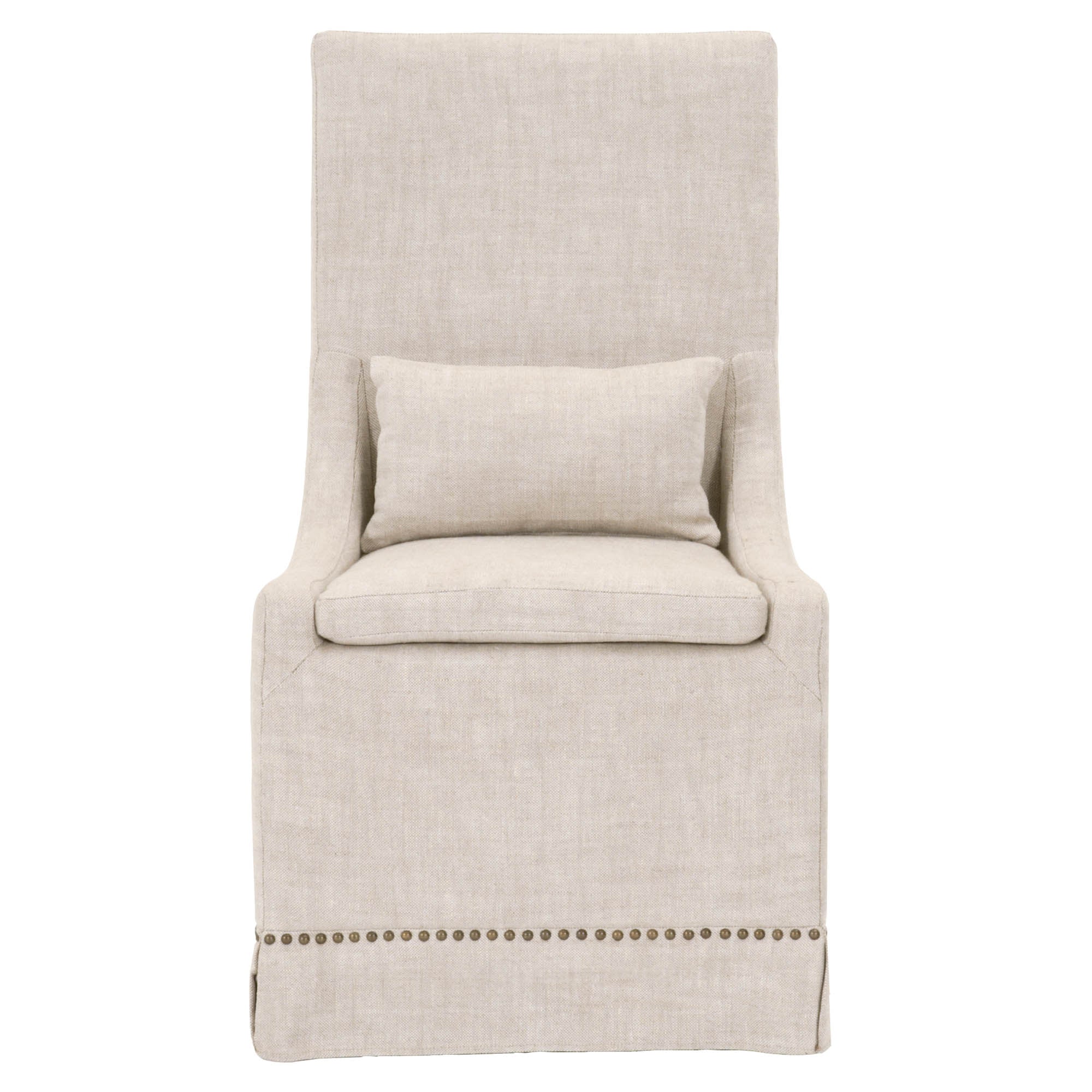 Essentials For Living Colleen Dining Chair in creamy bisque linen with gold nail head accents and removable lumbar pillow