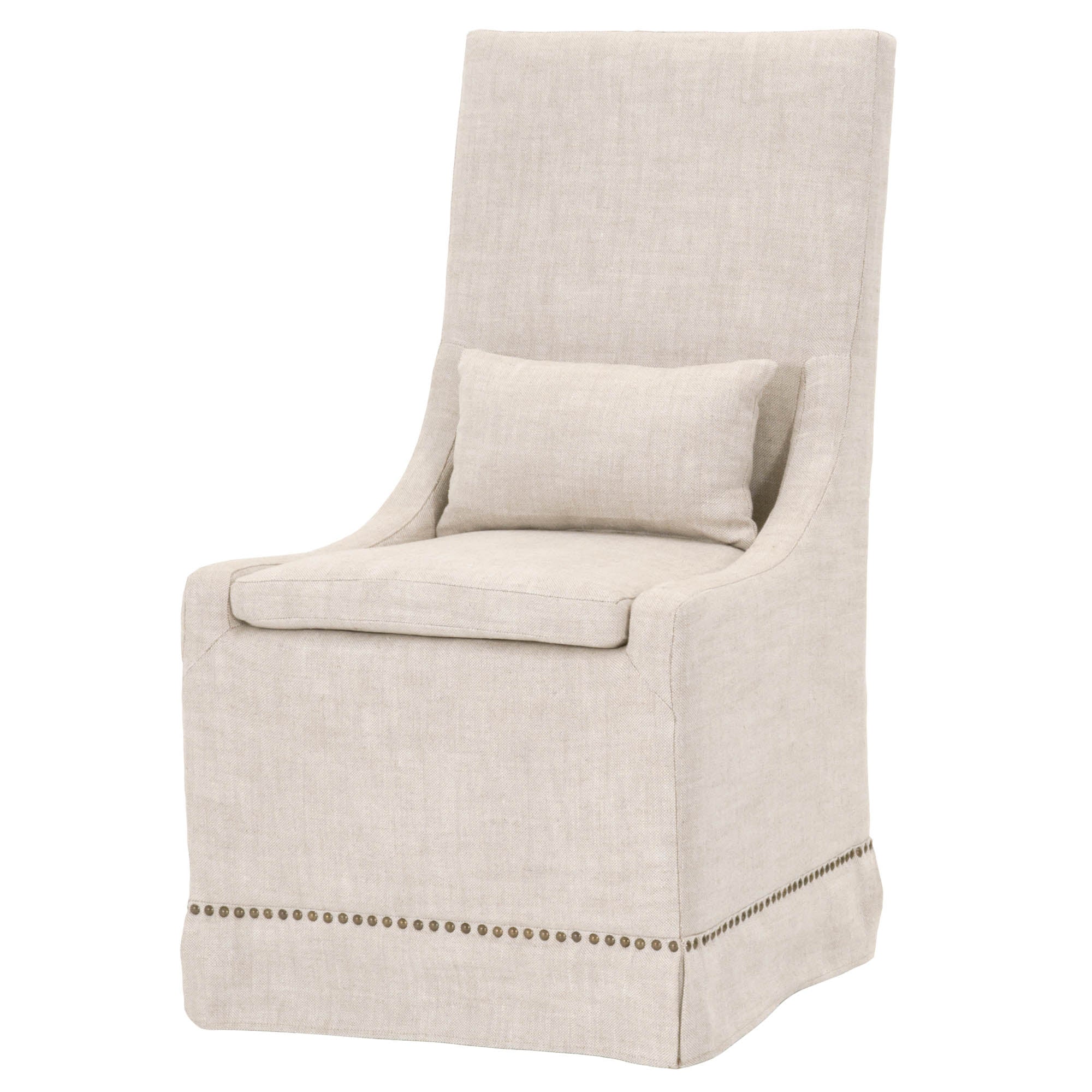 Elegant creamy bisque dining chair with fixed slipcover, gold nail head accents, and removable lumbar pillow by Essentials For Living