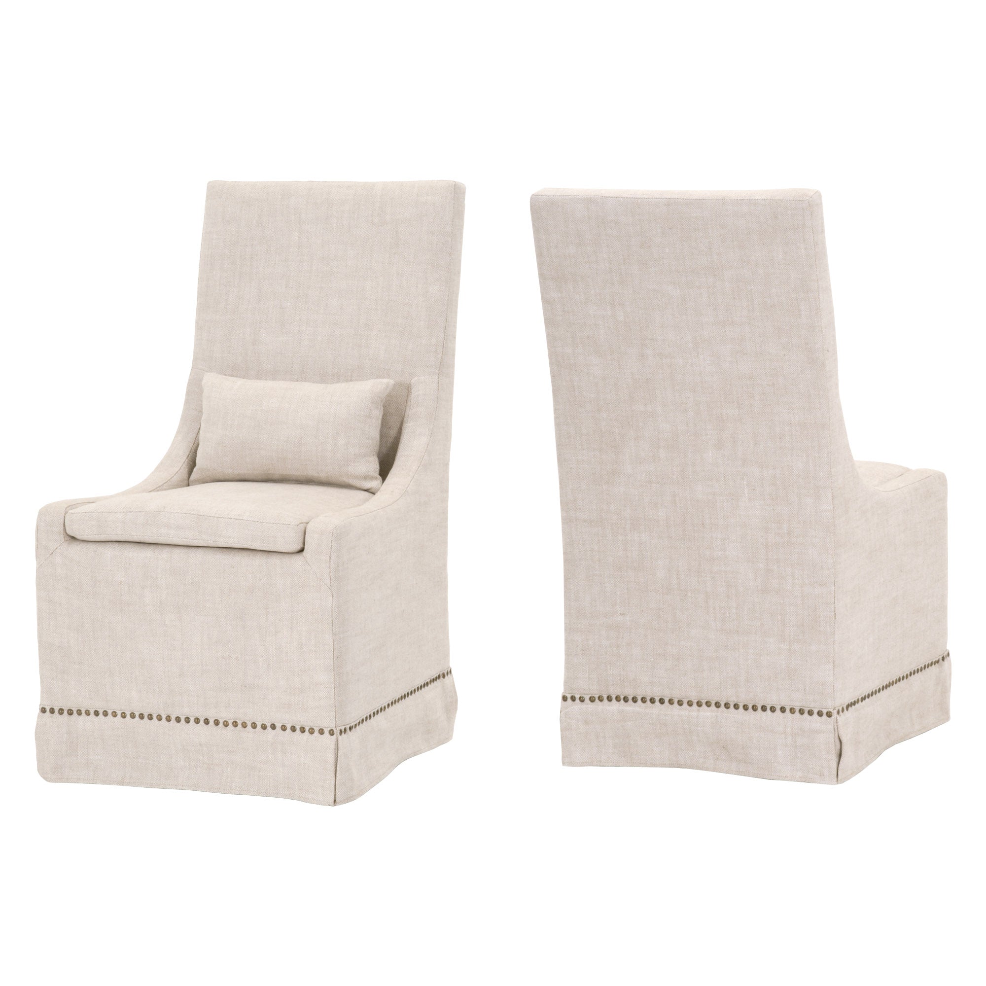 Set of two Colleen Dining Chairs by Essentials For Living in creamy bisque linen with gold nail head trim and lumbar pillows
