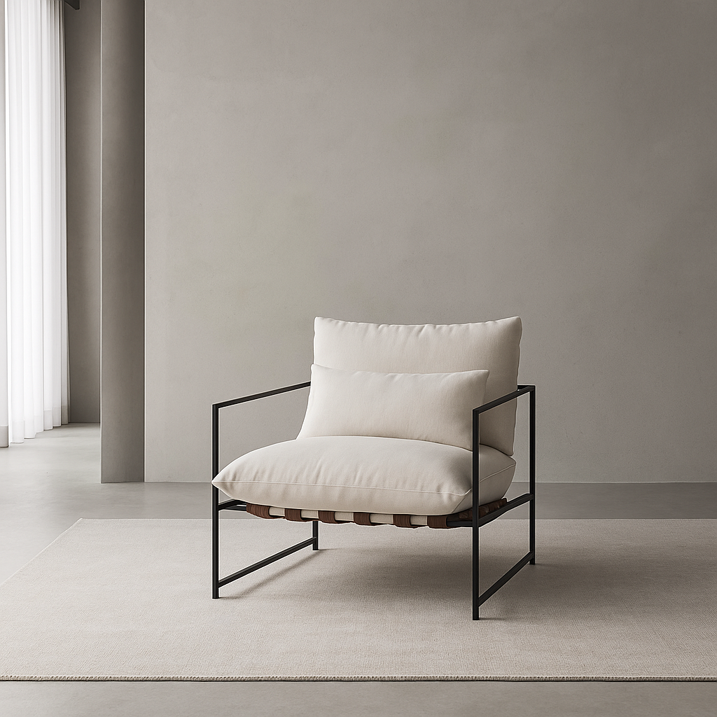 Upholstered Common Chair with black metal frame and cushions in a minimal room by GO HOME