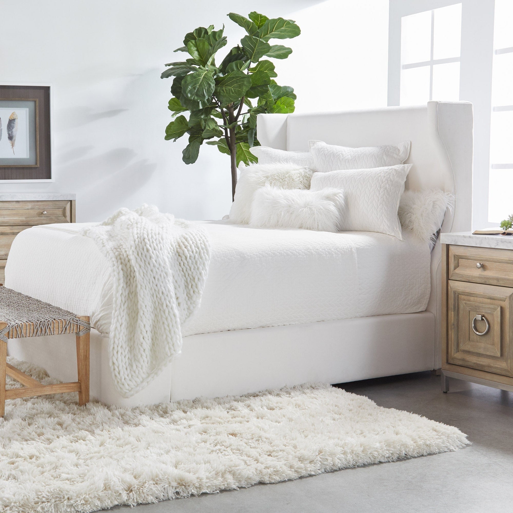Coastal style Costa Bench with white taupe woven seat and natural gray mahogany base by Essentials for Living
