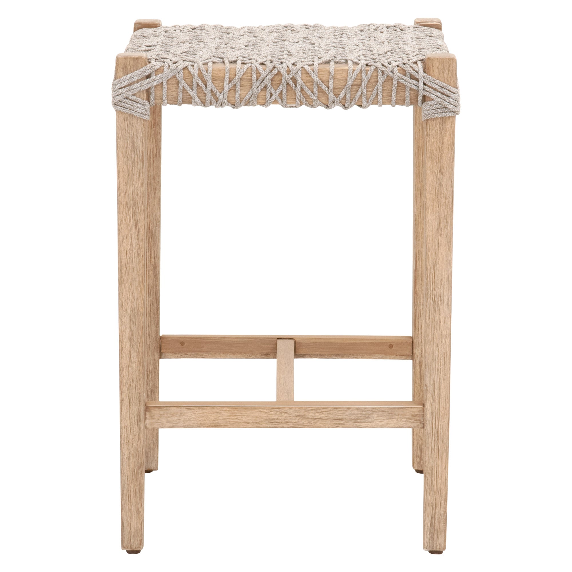 Backless counter stool with woven taupe polypropylene seat on natural gray distressed mahogany frame