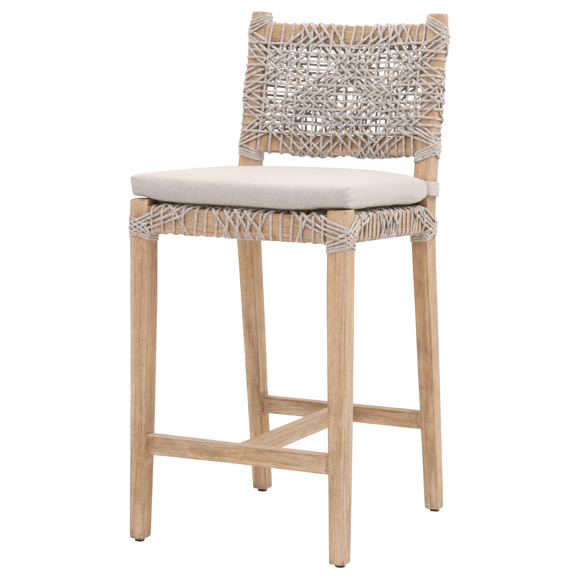Essentials For Living Costa Counter Stool in natural gray mahogany with white taupe woven seat and removable cushion
